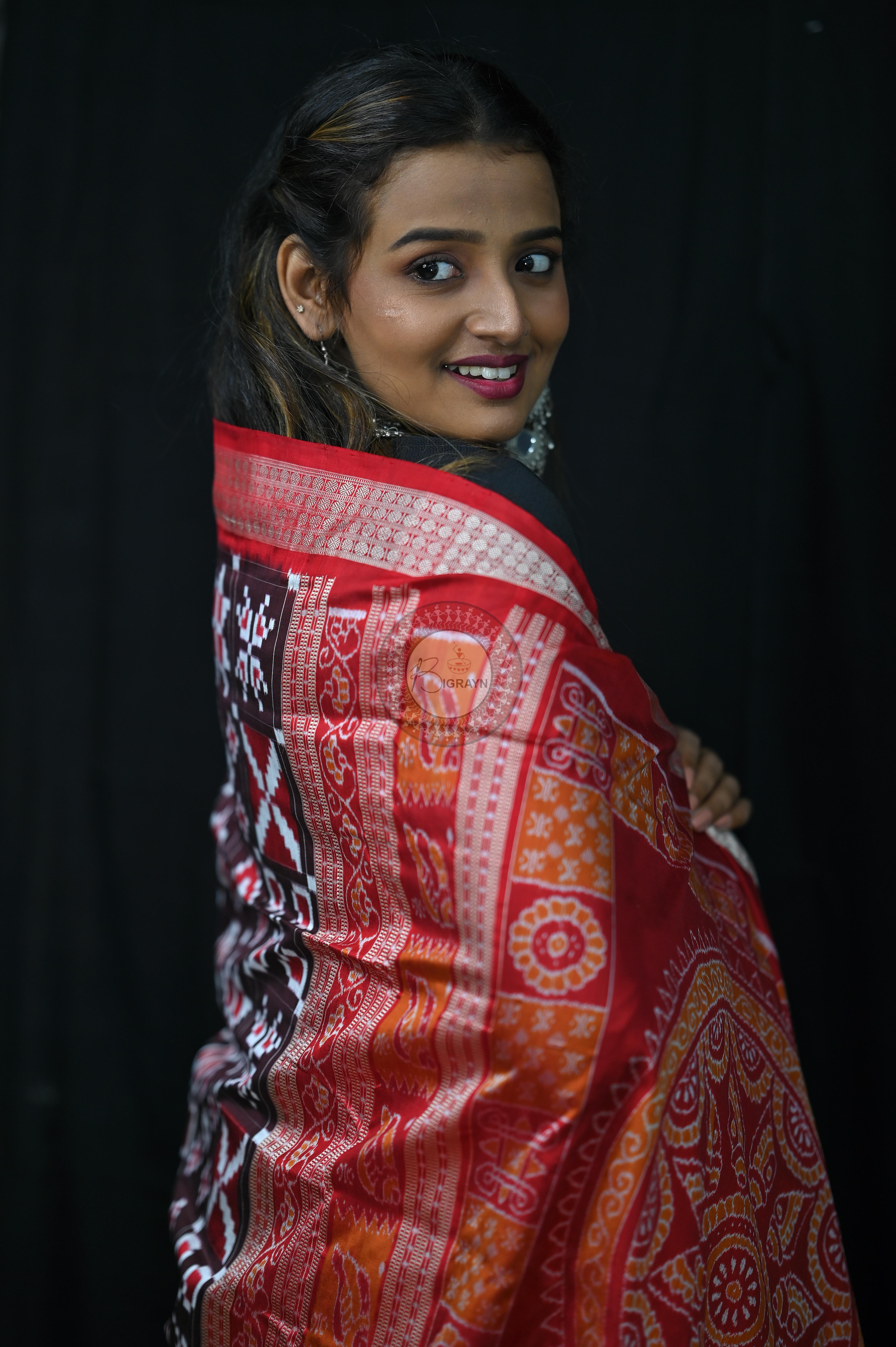 Coffee Red Telia Rumal Sambalpuri Silk Saree
