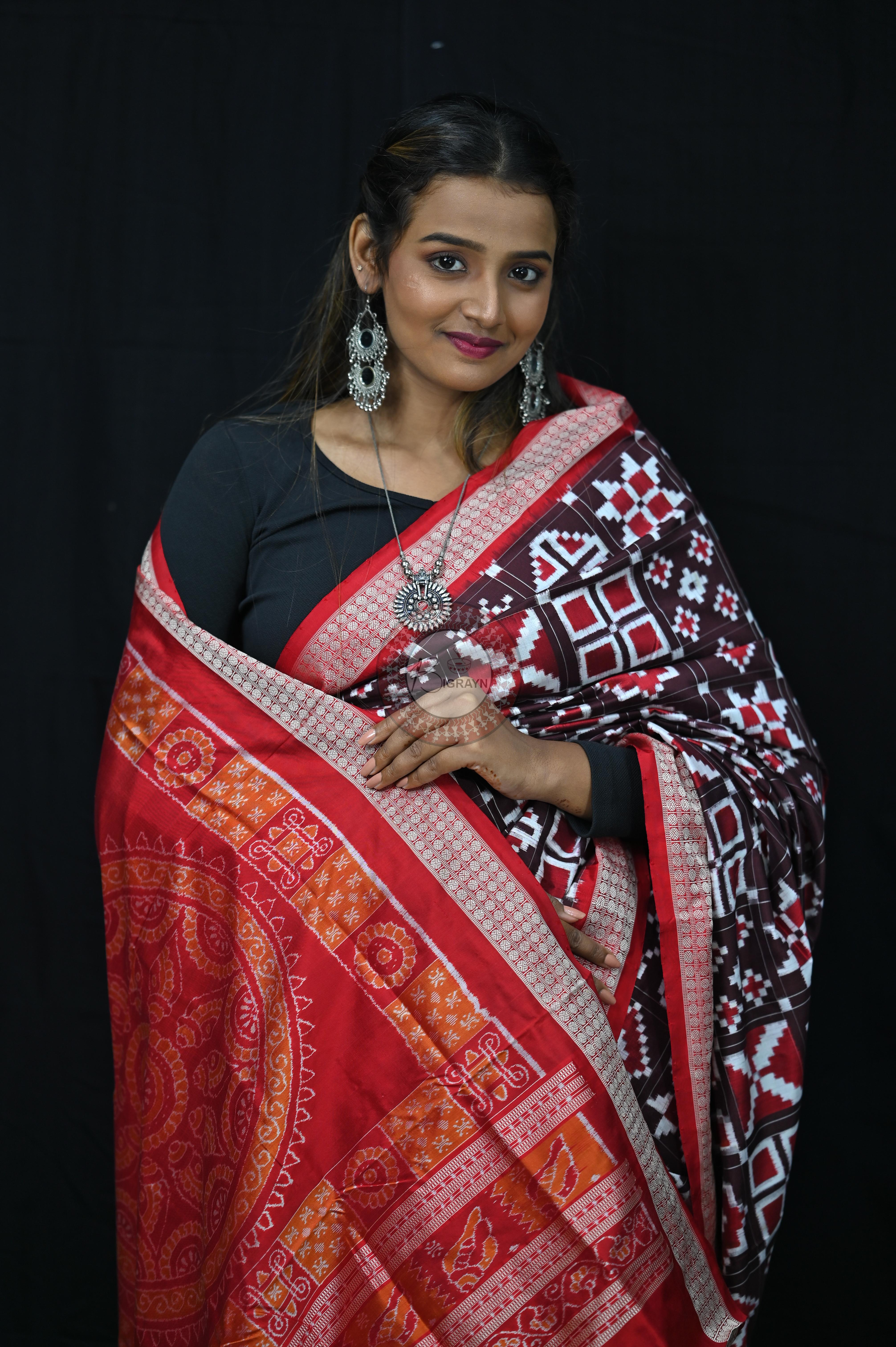 Coffee Red Telia Rumal Sambalpuri Silk Saree