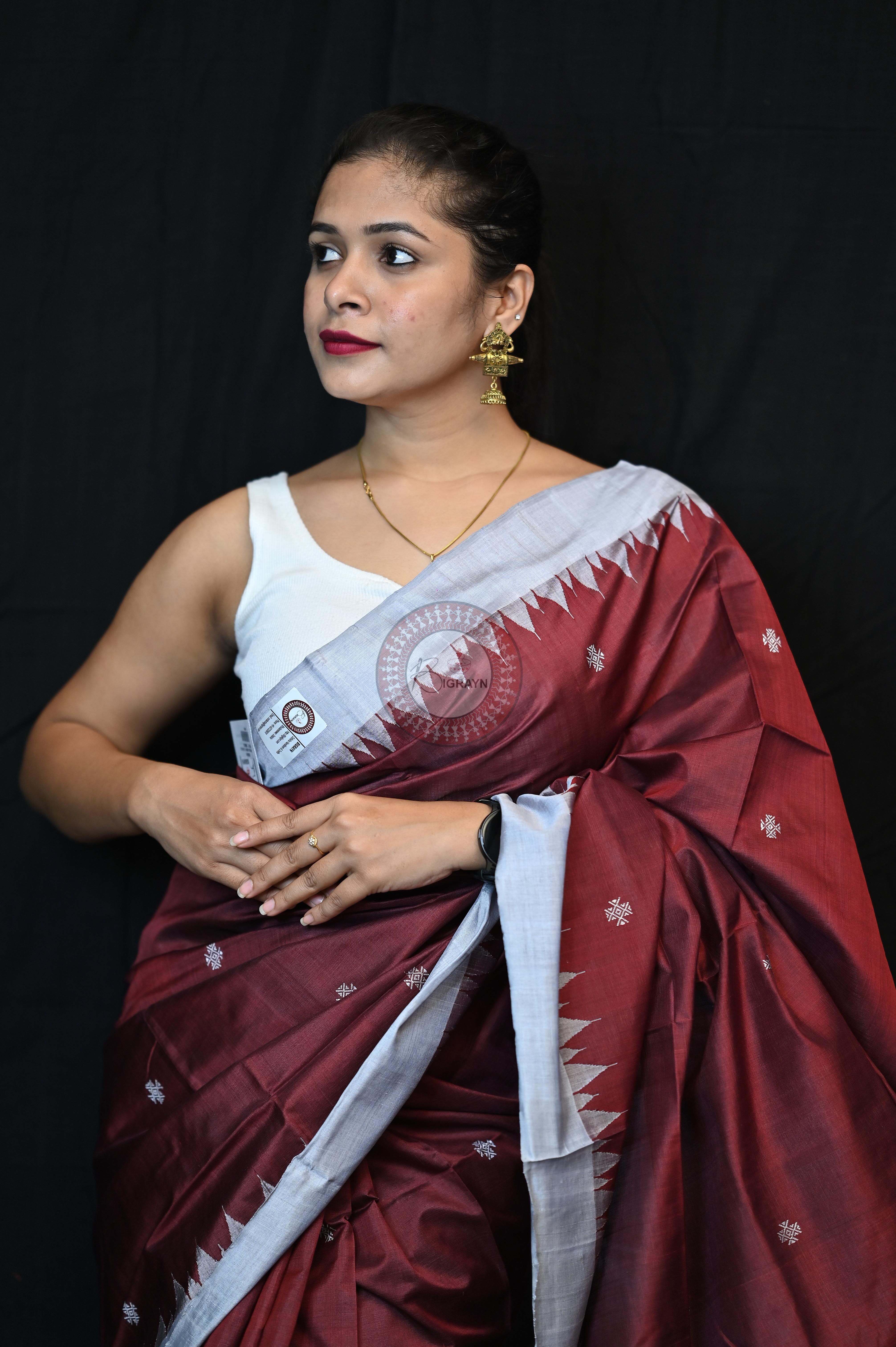 Maroon Silver Phoda Kumbha Tussar Silk Saree