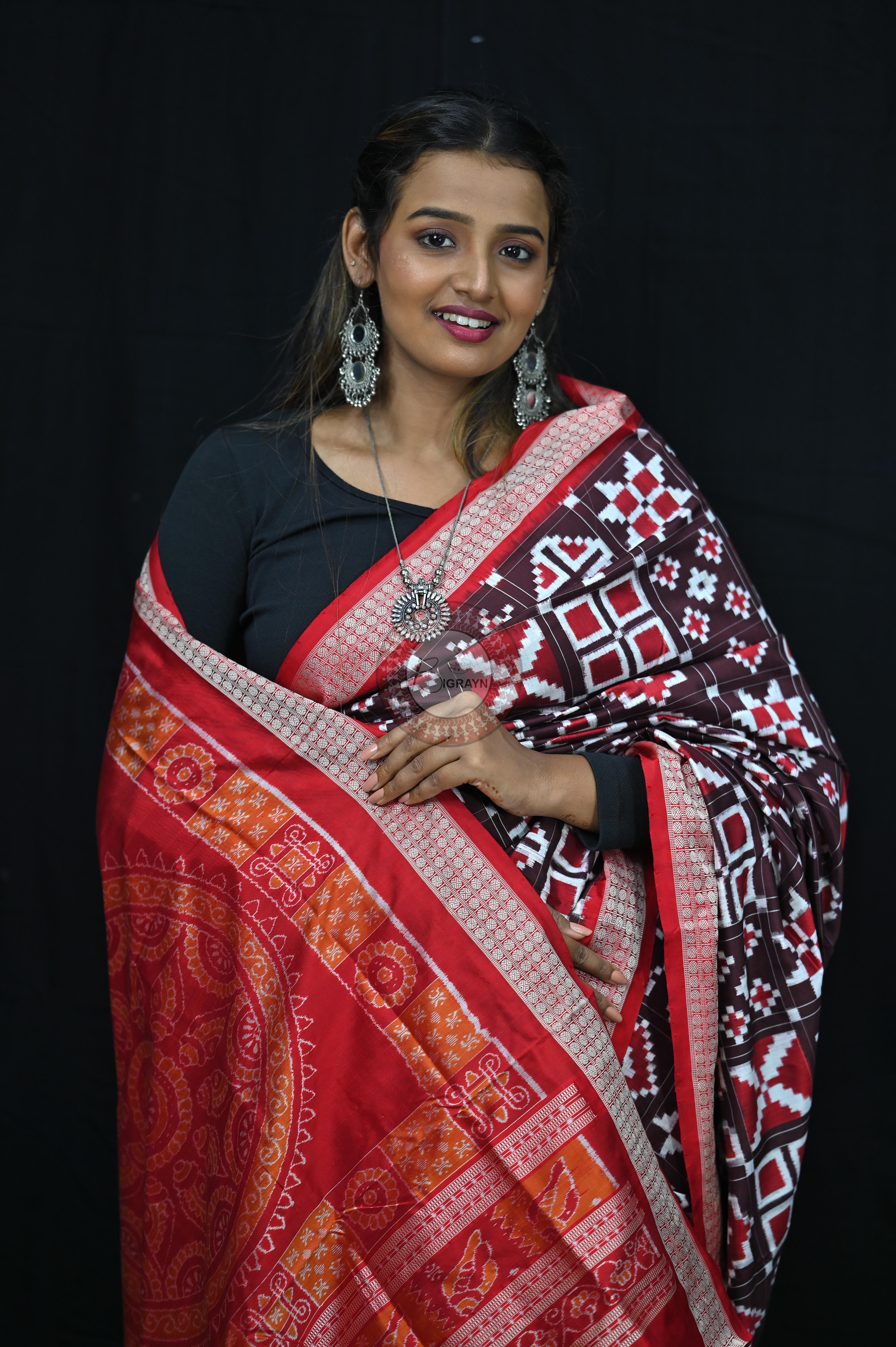 Coffee Red Telia Rumal Sambalpuri Silk Saree