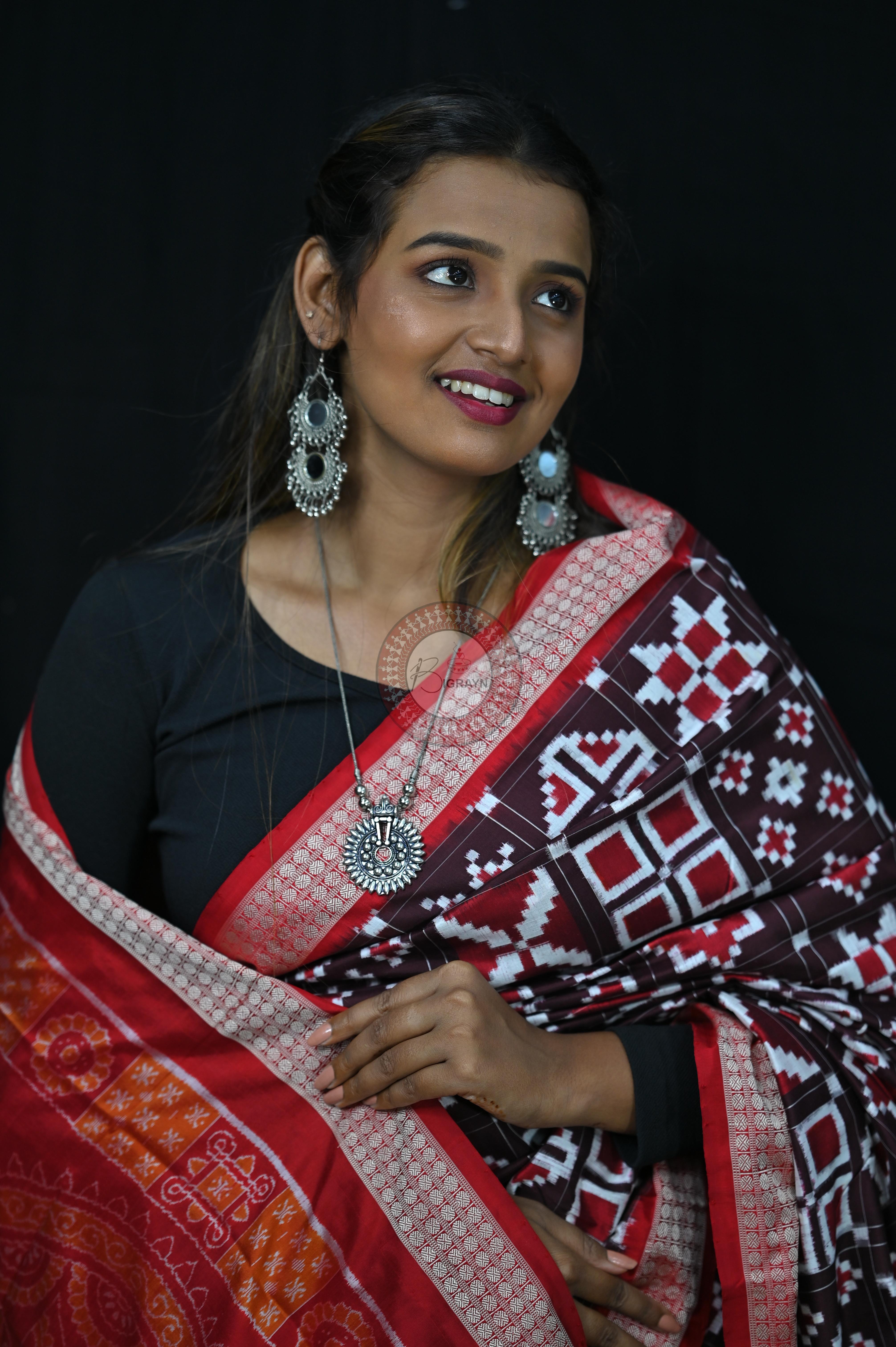 Coffee Red Telia Rumal Sambalpuri Silk Saree
