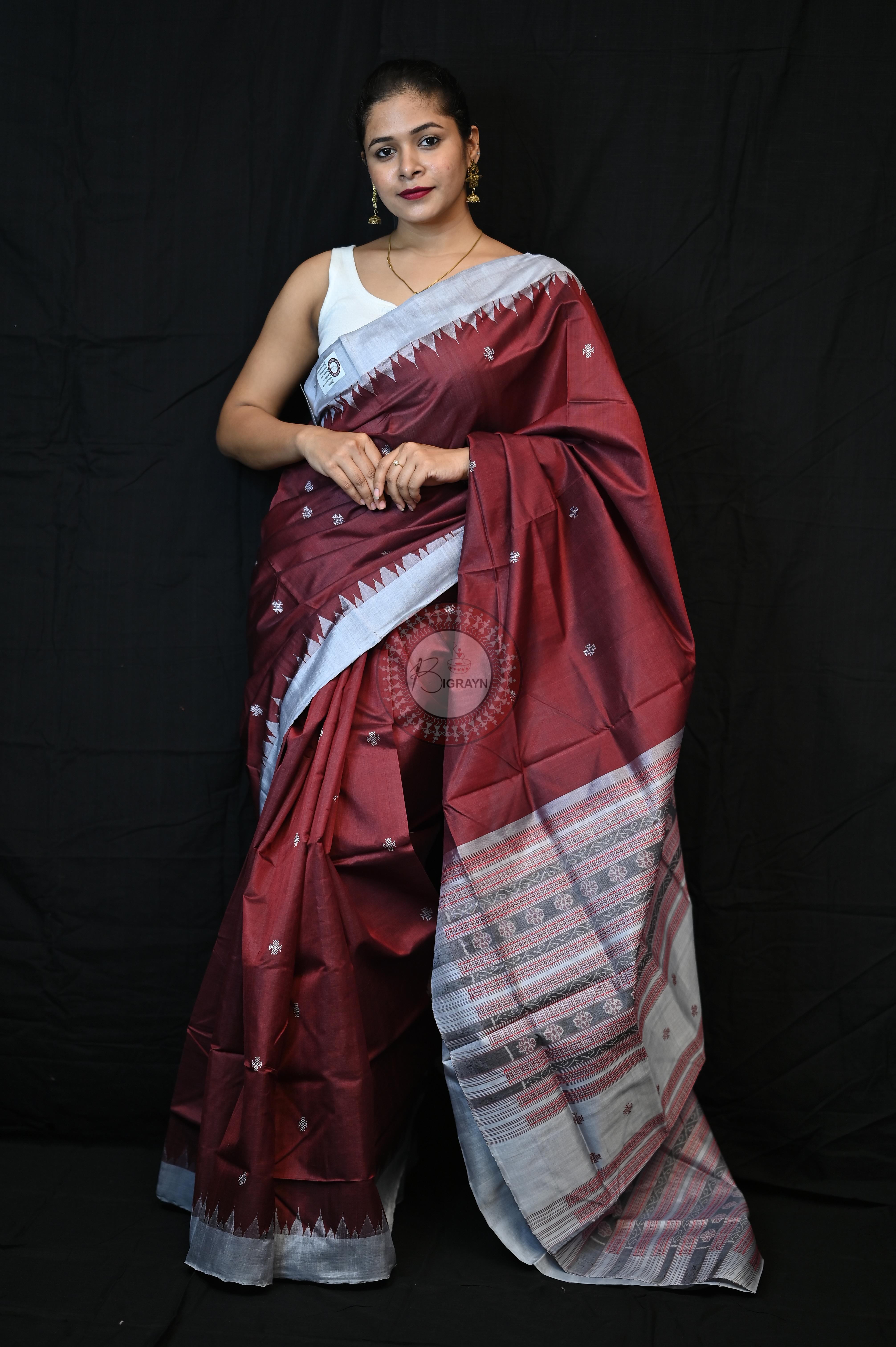 Maroon Silver Phoda Kumbha Tussar Silk Saree