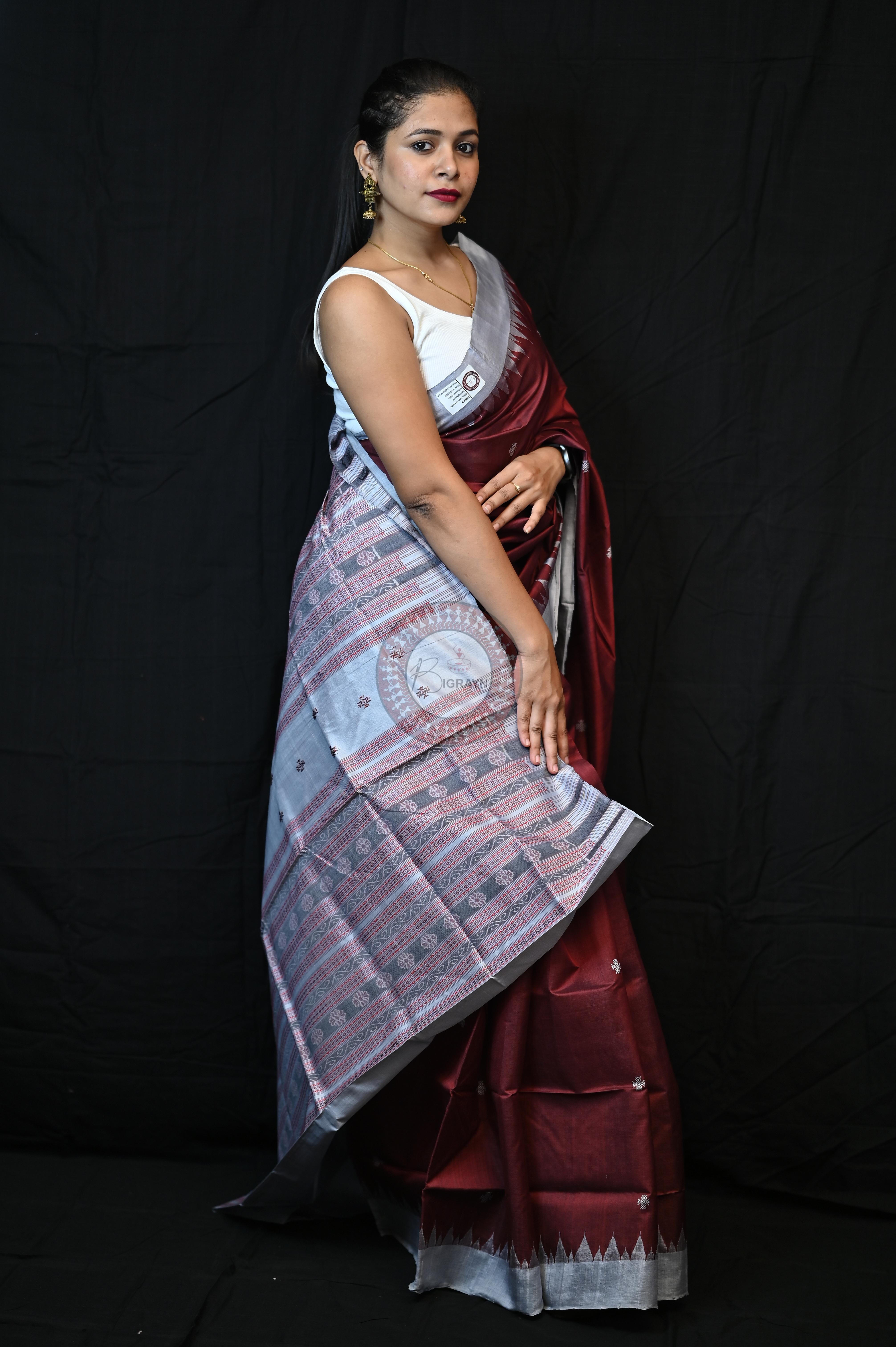 Maroon Silver Phoda Kumbha Tussar Silk Saree