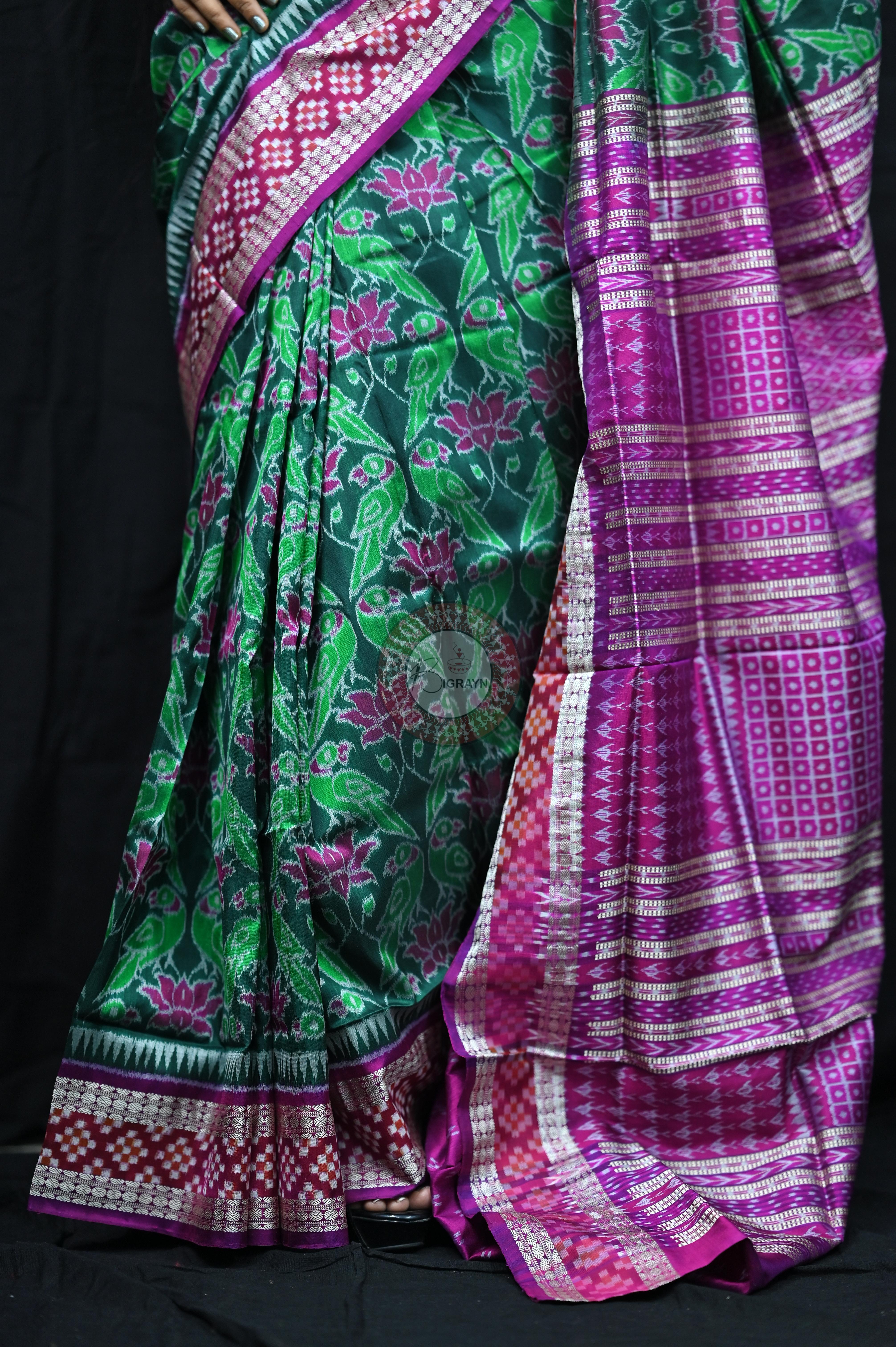Green Magenta Lotus & Parrot Special Sambalpuri Silk Saree
