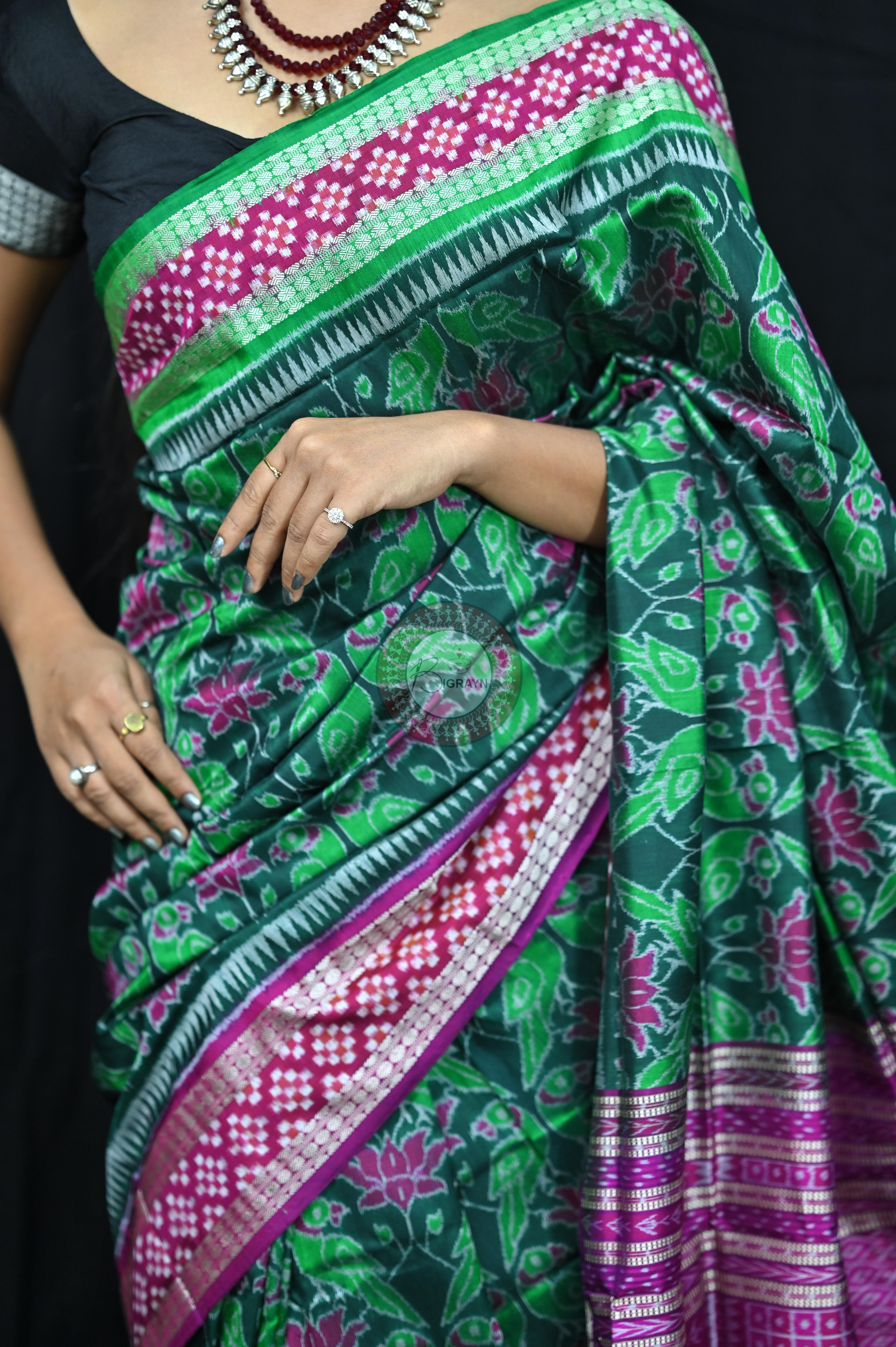 Green Magenta Lotus & Parrot Special Sambalpuri Silk Saree