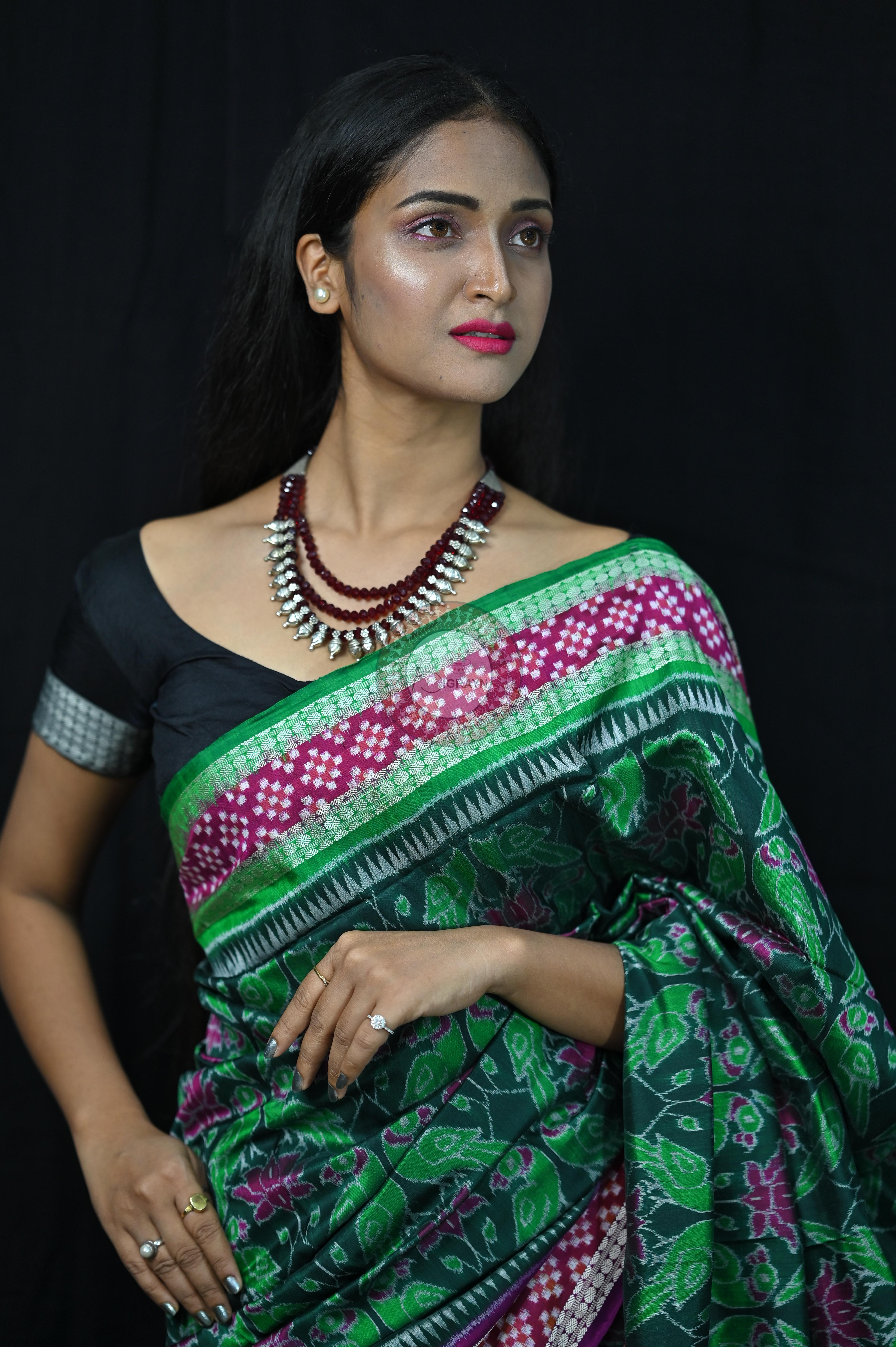 Green Magenta Lotus & Parrot Special Sambalpuri Silk Saree