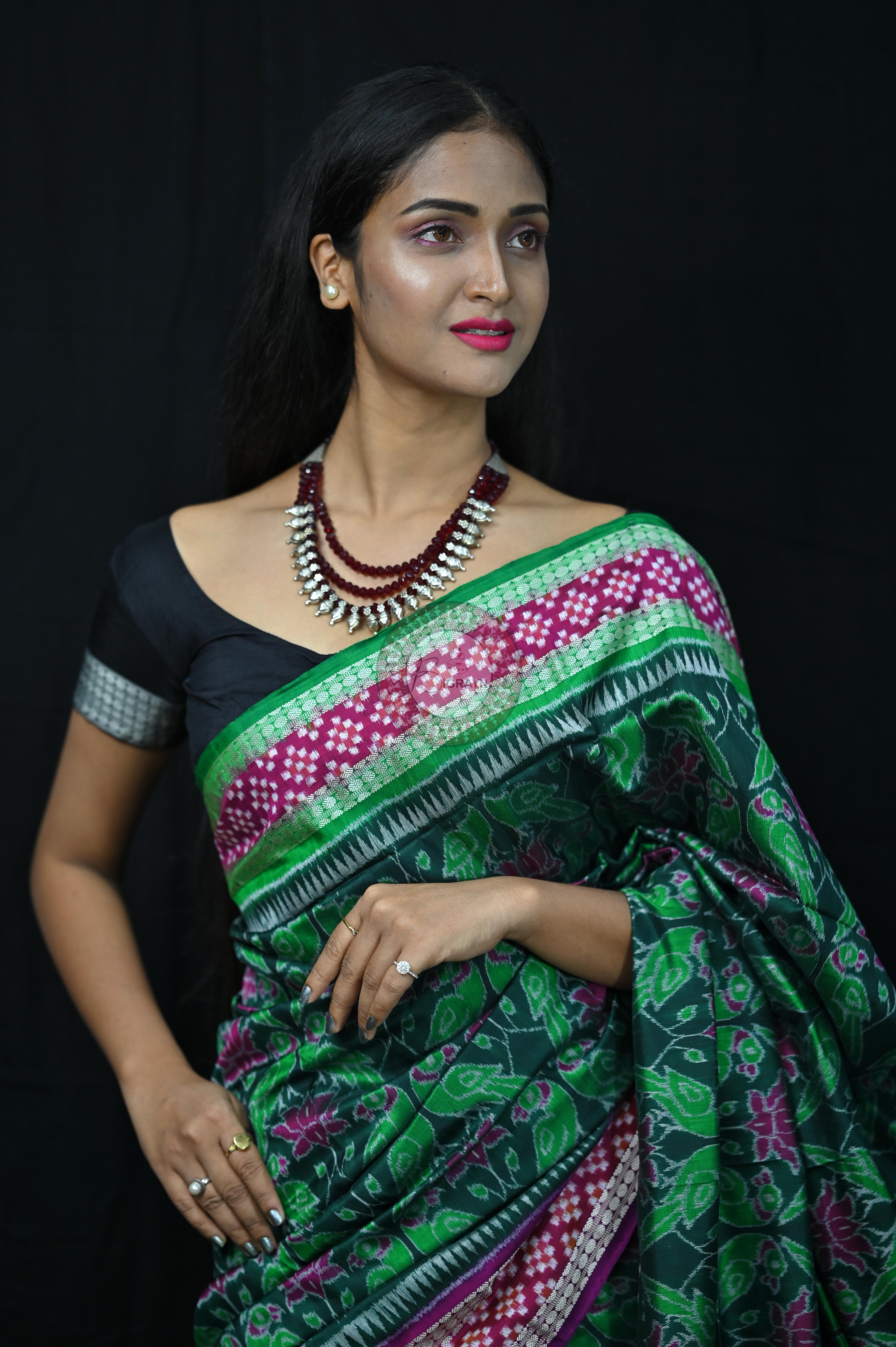 Green Magenta Lotus & Parrot Special Sambalpuri Silk Saree