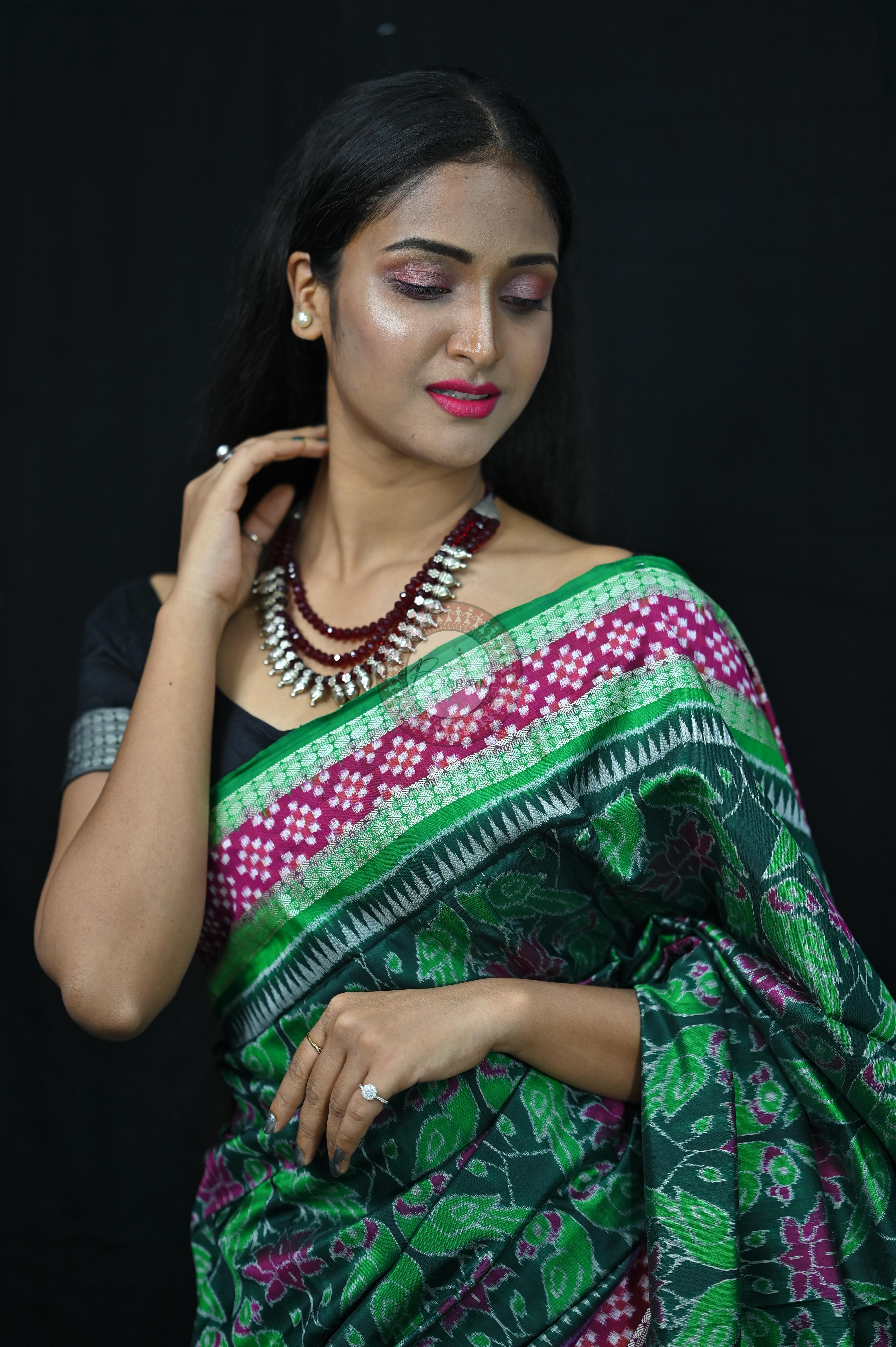 Green Magenta Lotus & Parrot Special Sambalpuri Silk Saree