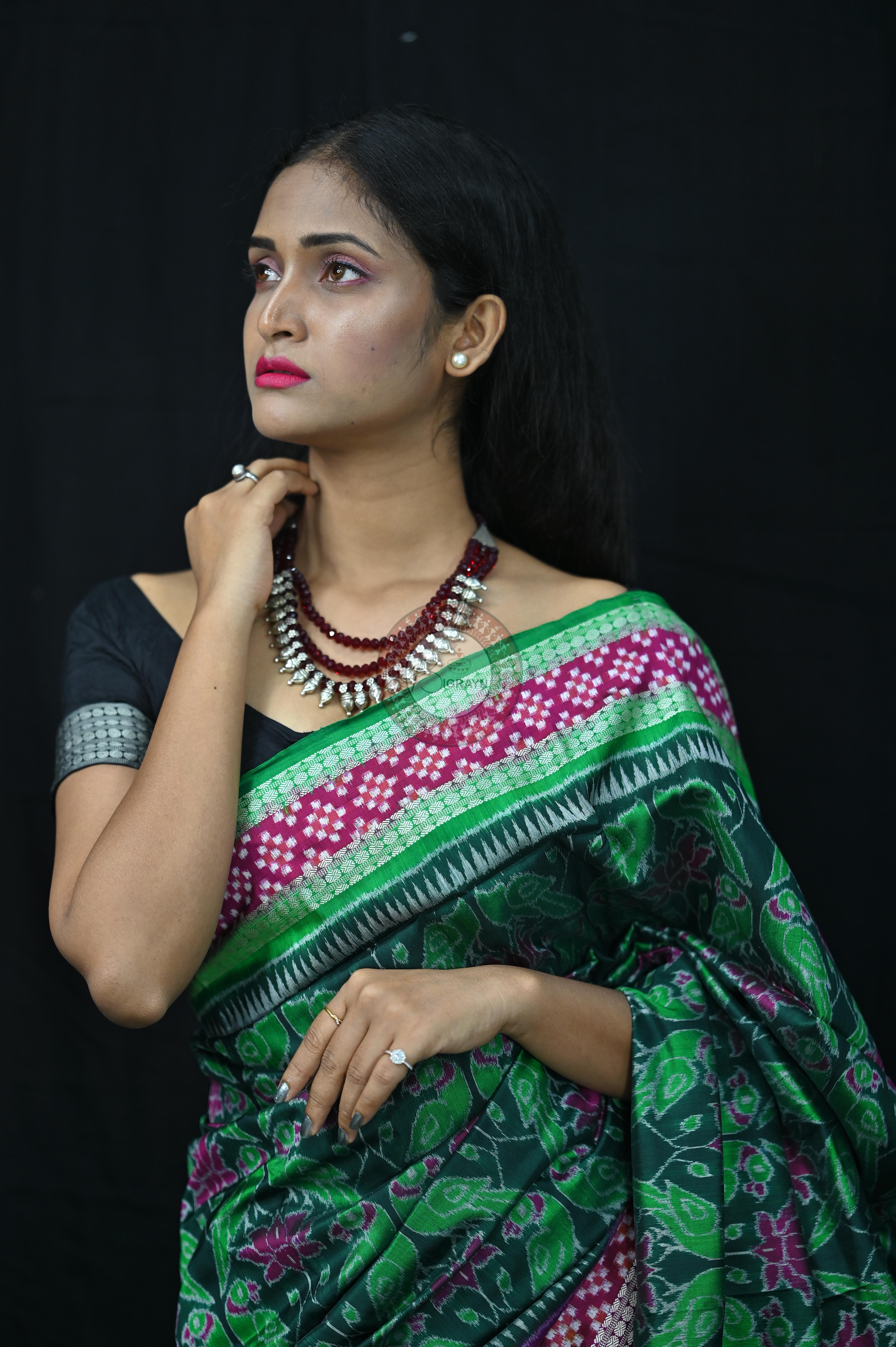 Green Magenta Lotus & Parrot Special Sambalpuri Silk Saree