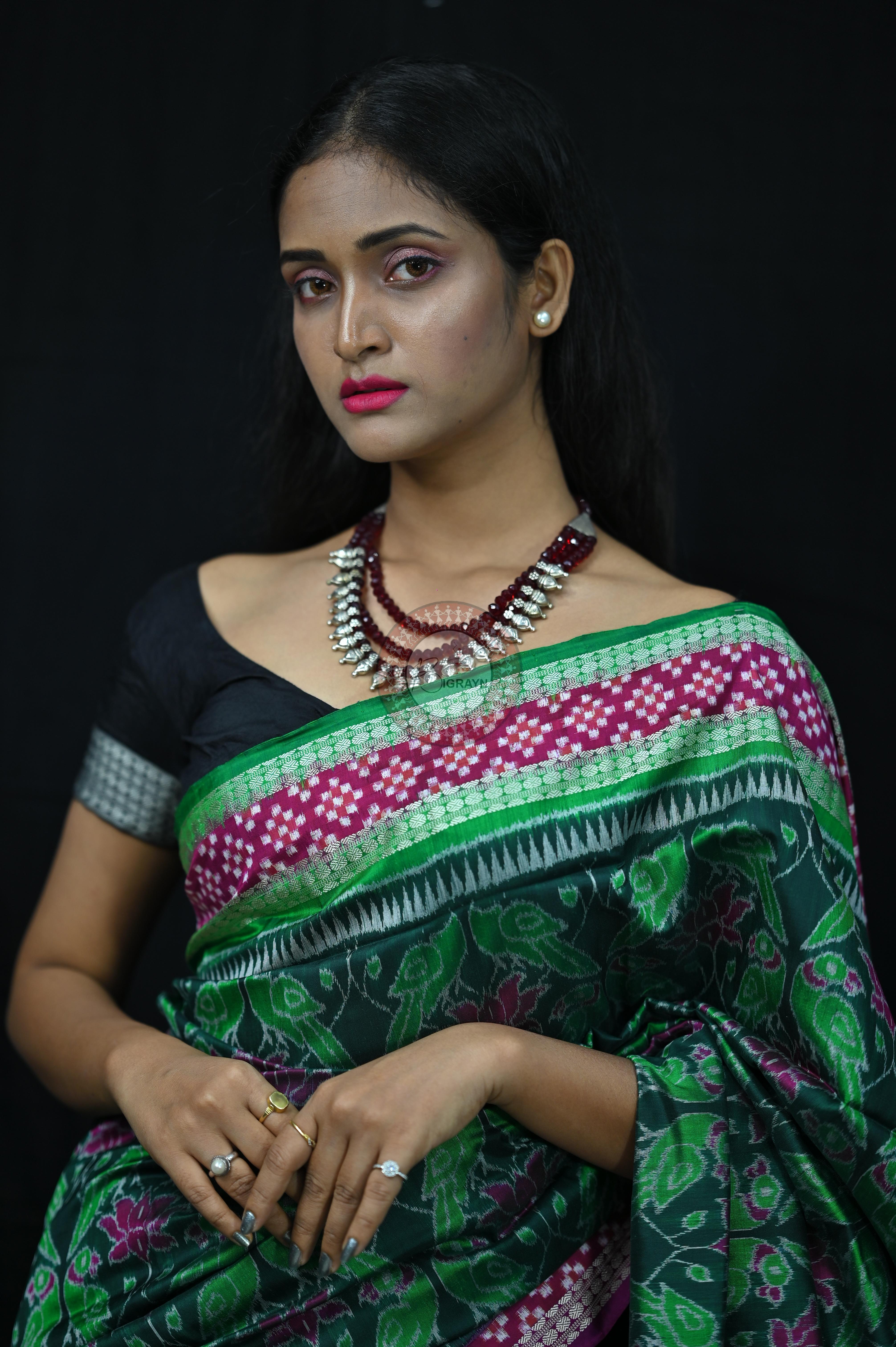 Green Magenta Lotus & Parrot Special Sambalpuri Silk Saree
