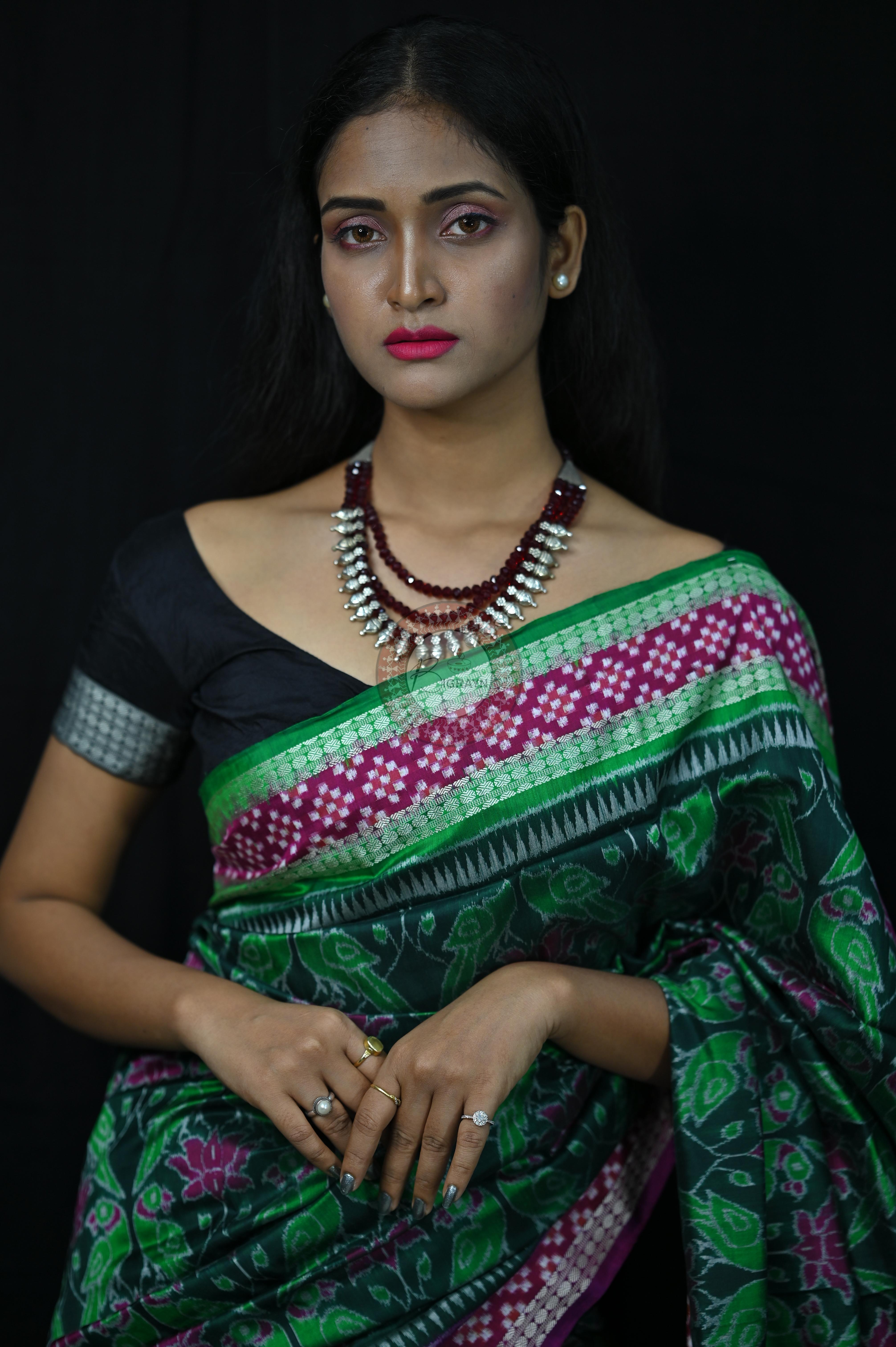 Green Magenta Lotus & Parrot Special Sambalpuri Silk Saree