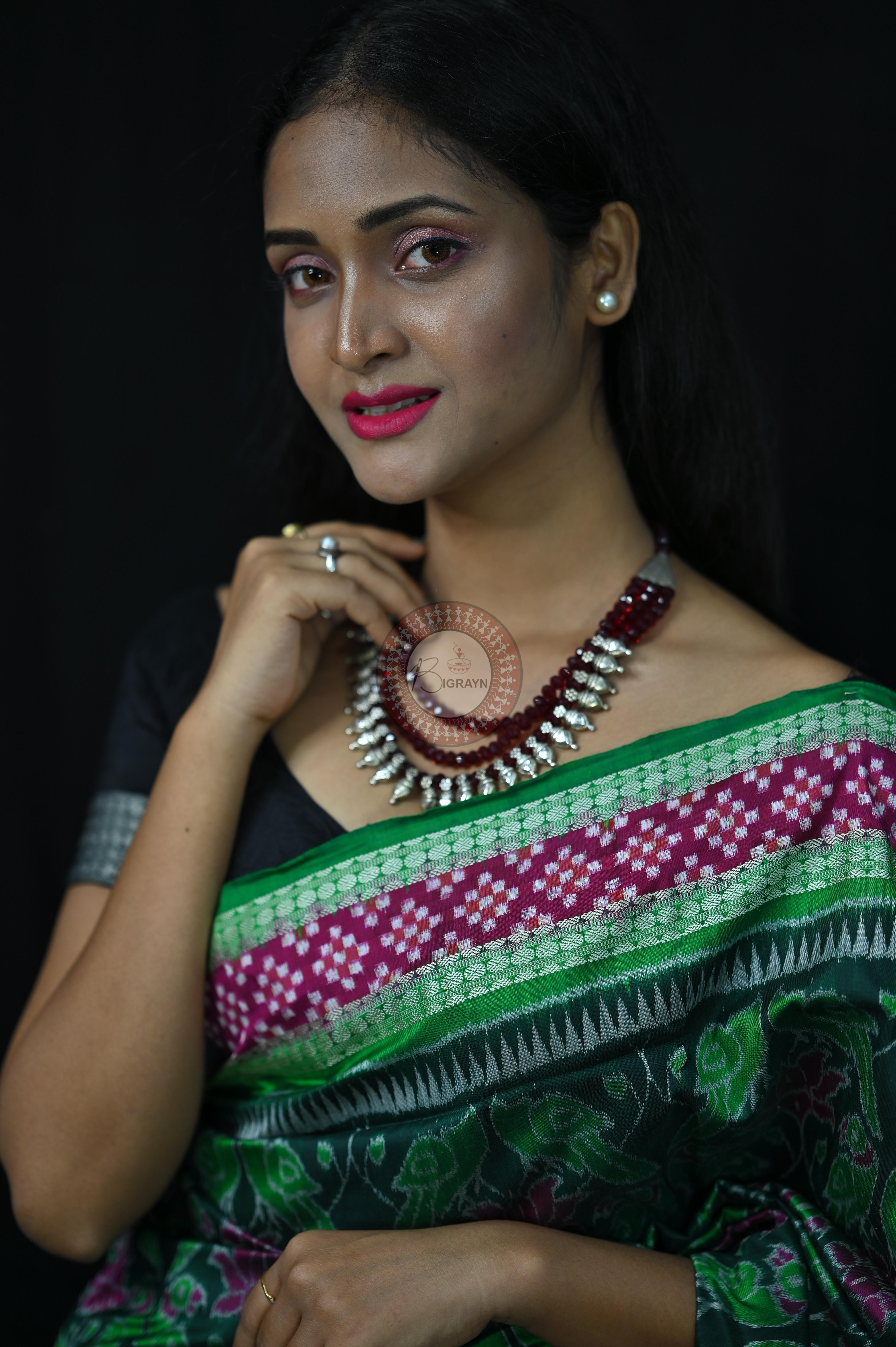 Green Magenta Lotus & Parrot Special Sambalpuri Silk Saree