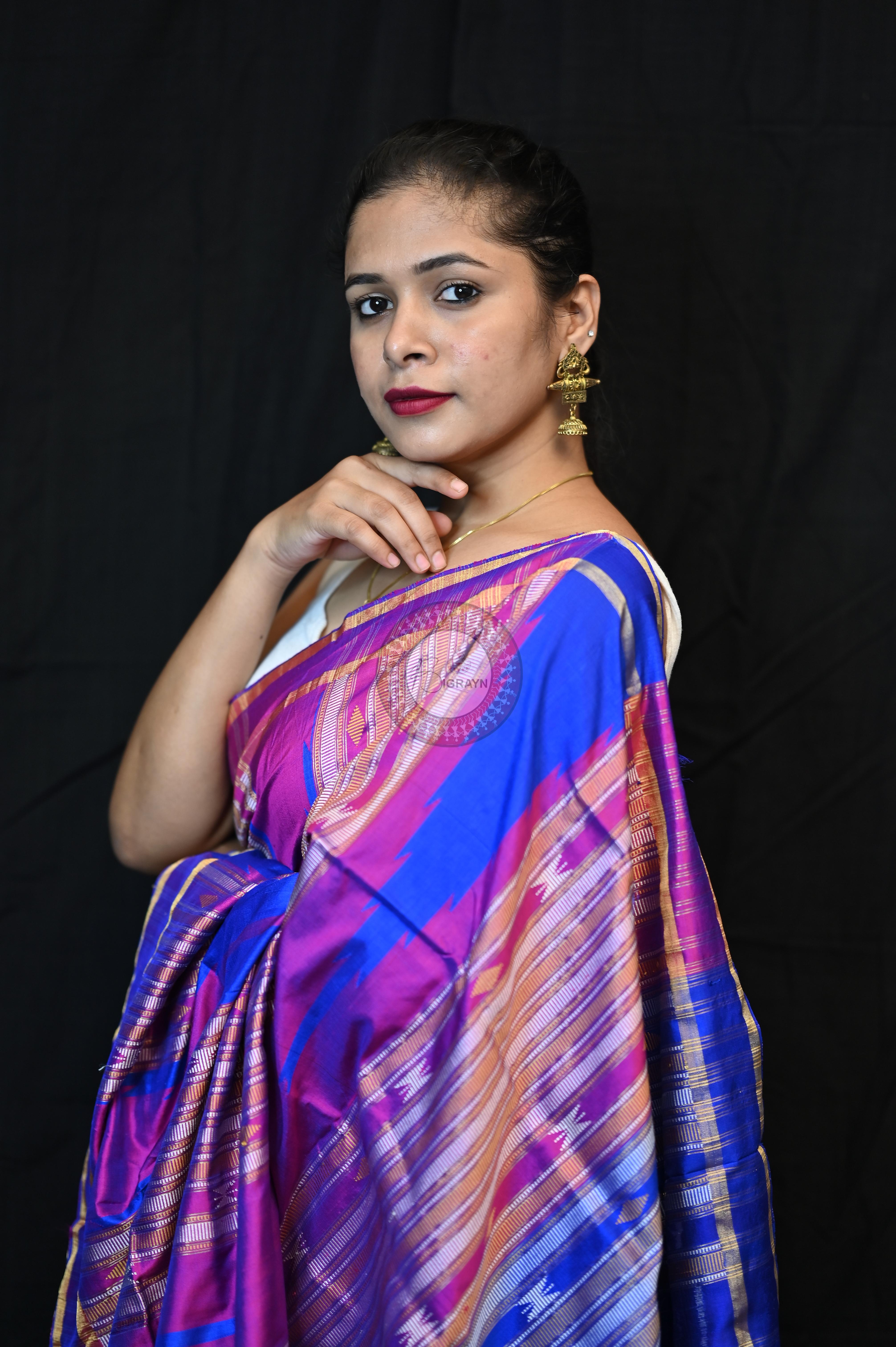Black Magenta Phoda Kumbha Sambalpuri Silk Saree