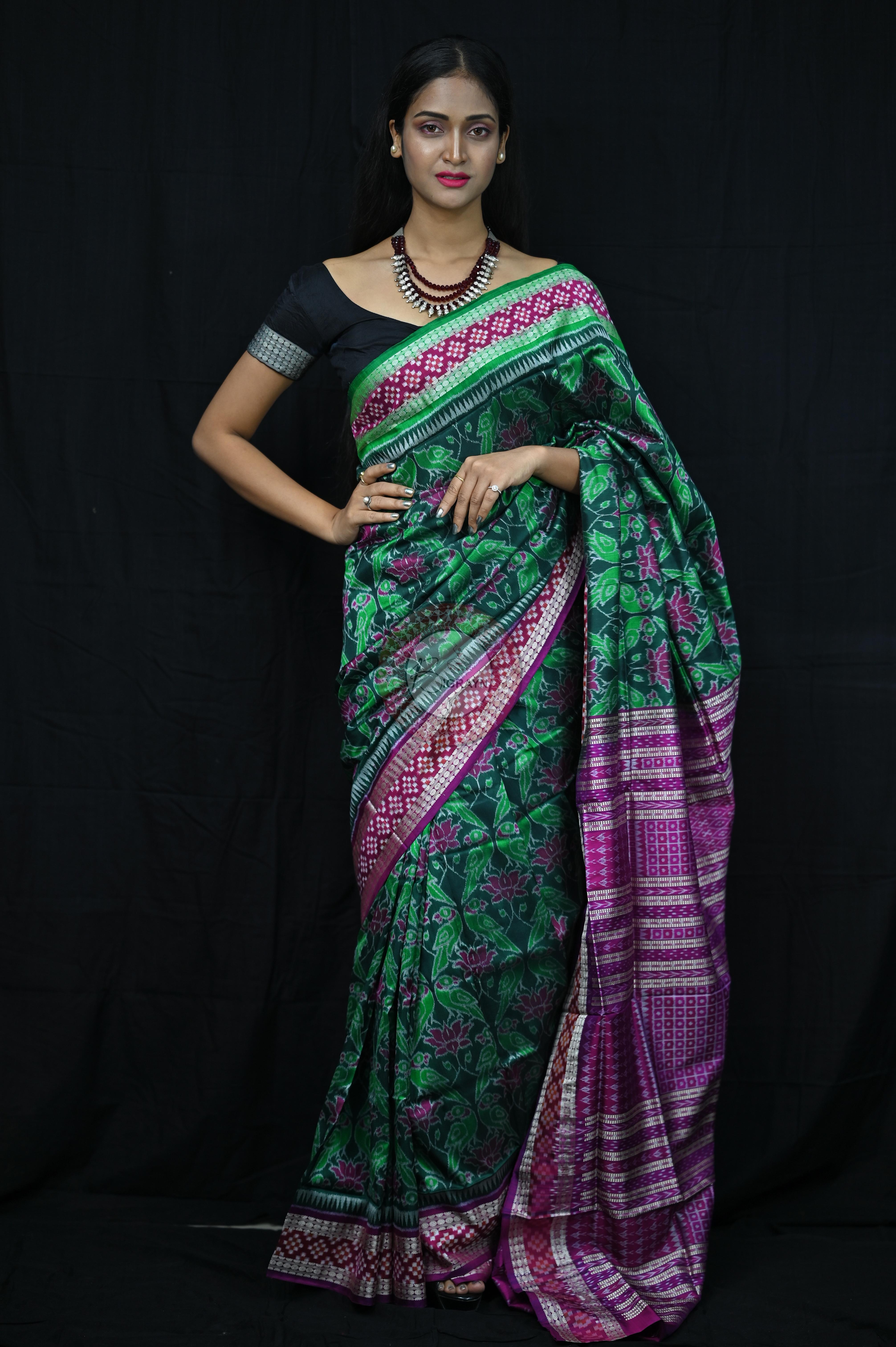 Green Magenta Lotus & Parrot Special Sambalpuri Silk Saree