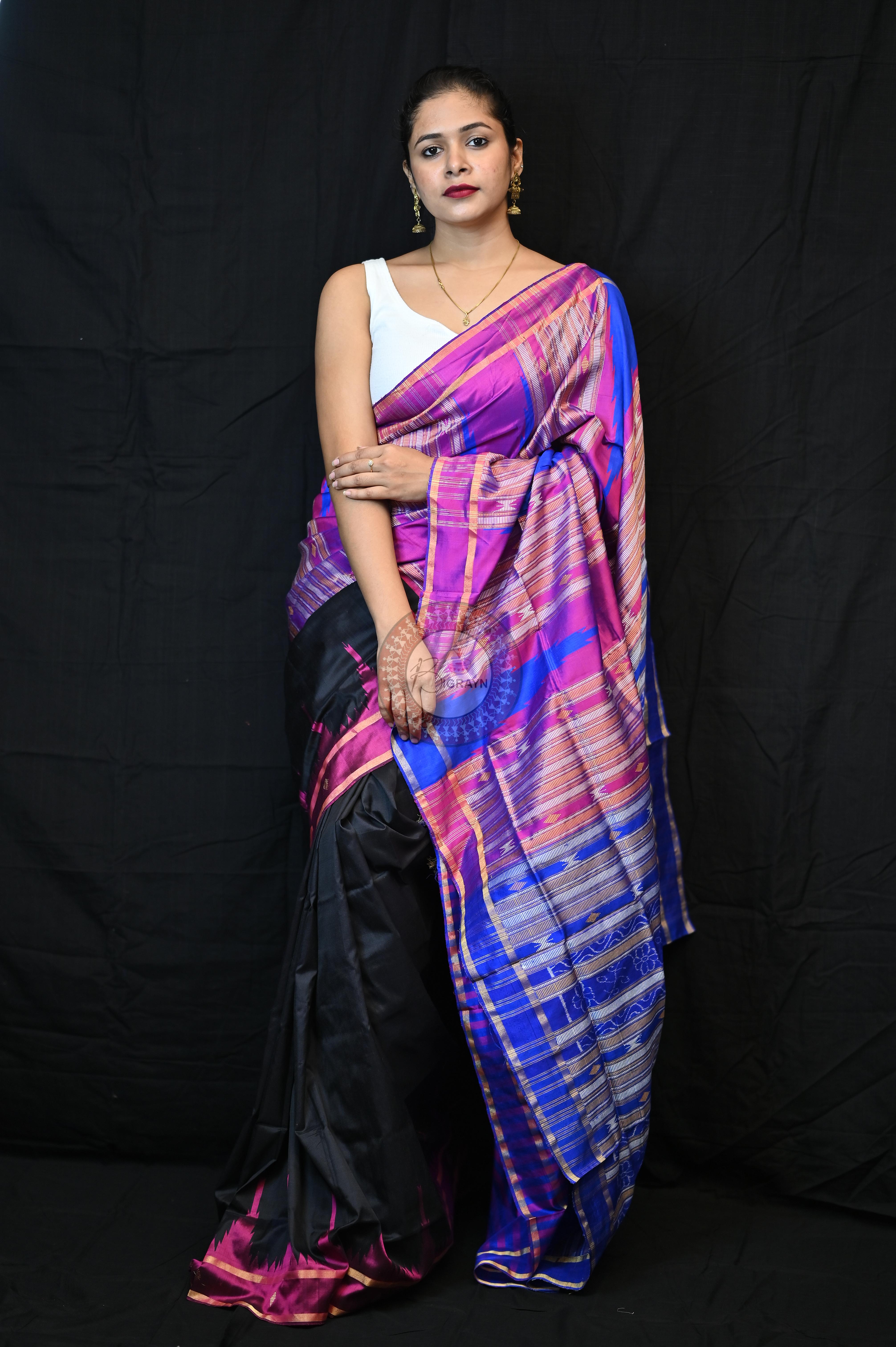 Black Magenta Phoda Kumbha Sambalpuri Silk Saree