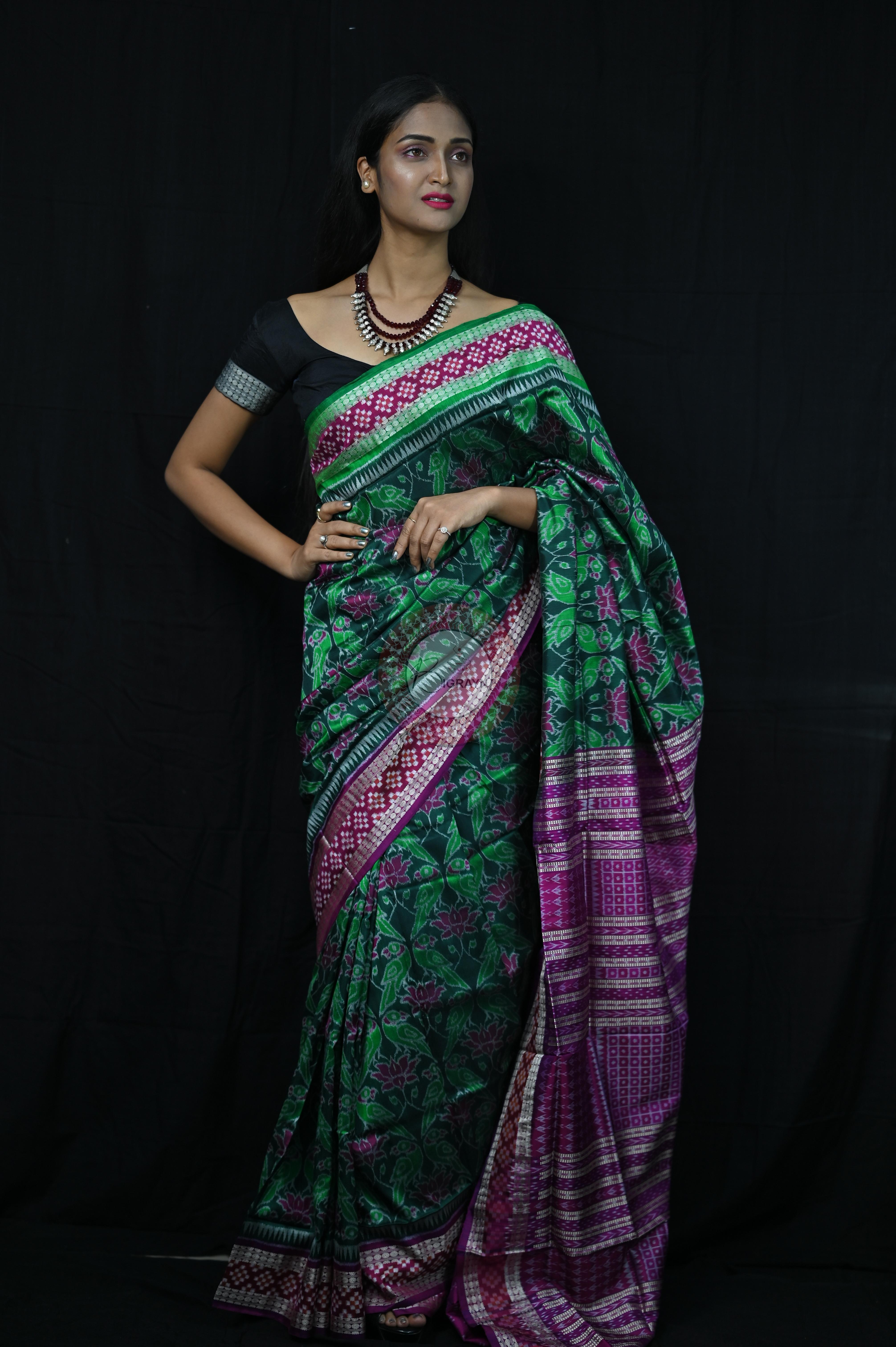Green Magenta Lotus & Parrot Special Sambalpuri Silk Saree