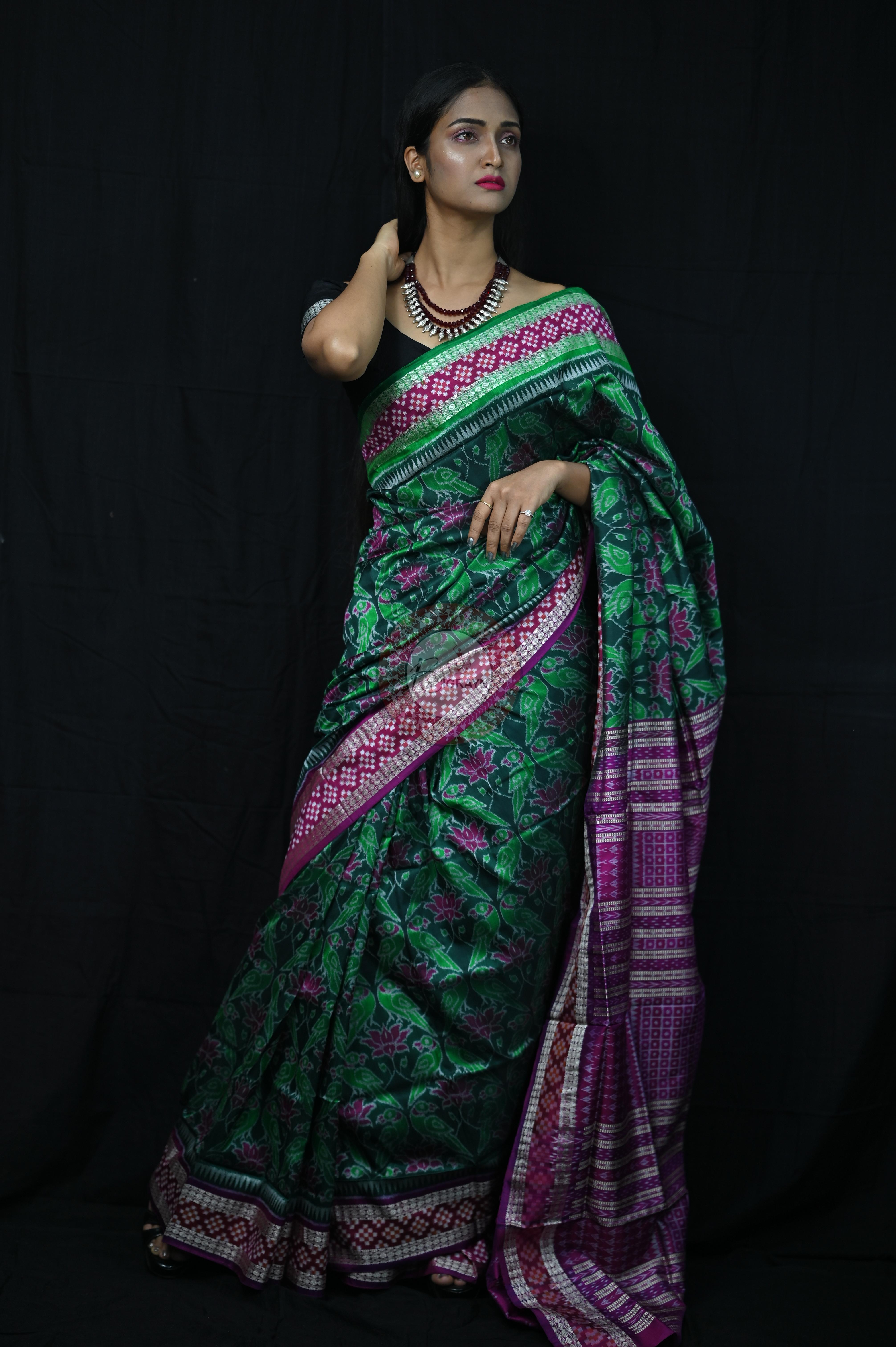 Green Magenta Lotus & Parrot Special Sambalpuri Silk Saree