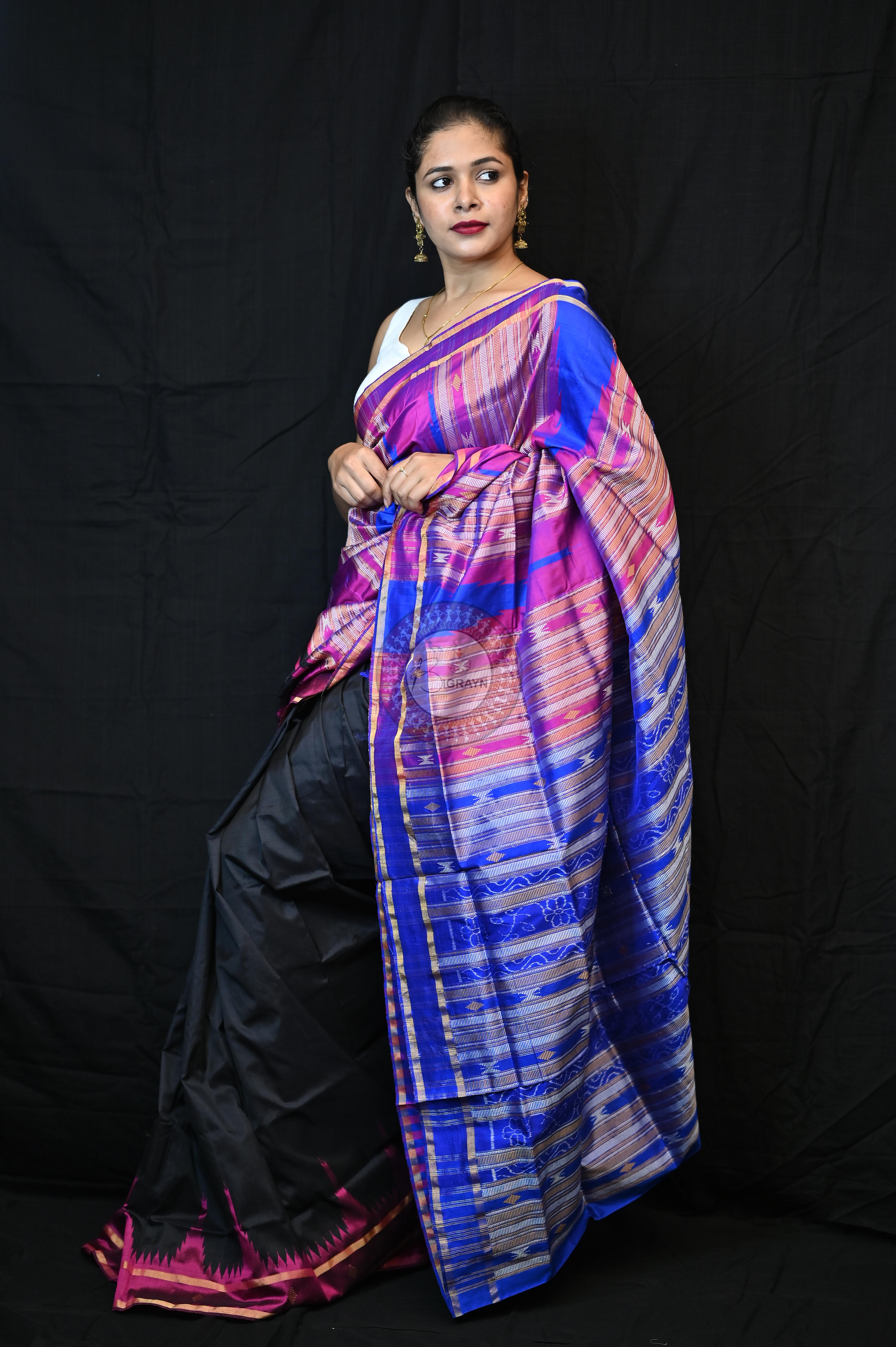 Black Magenta Phoda Kumbha Sambalpuri Silk Saree