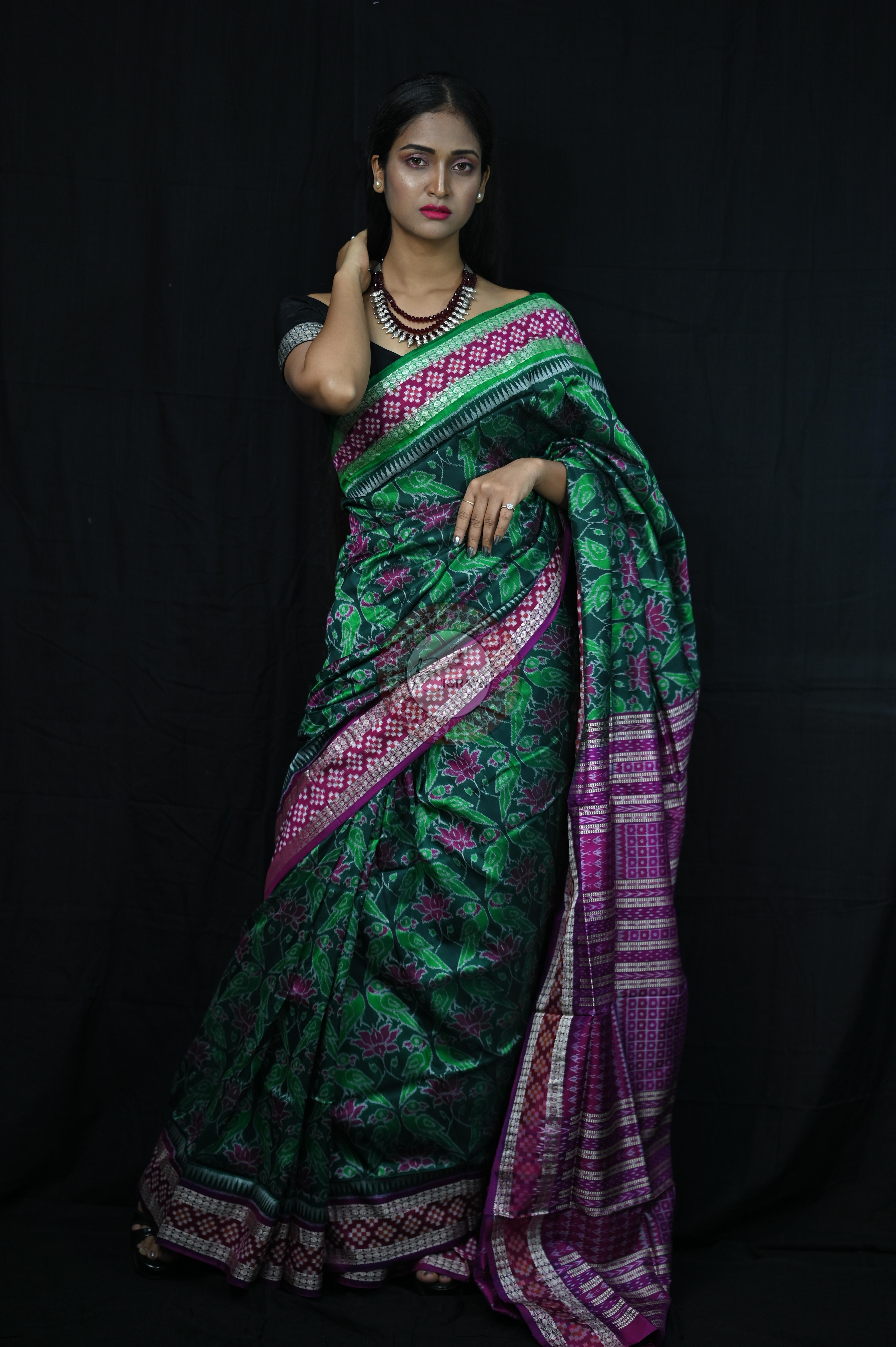 Green Magenta Lotus & Parrot Special Sambalpuri Silk Saree