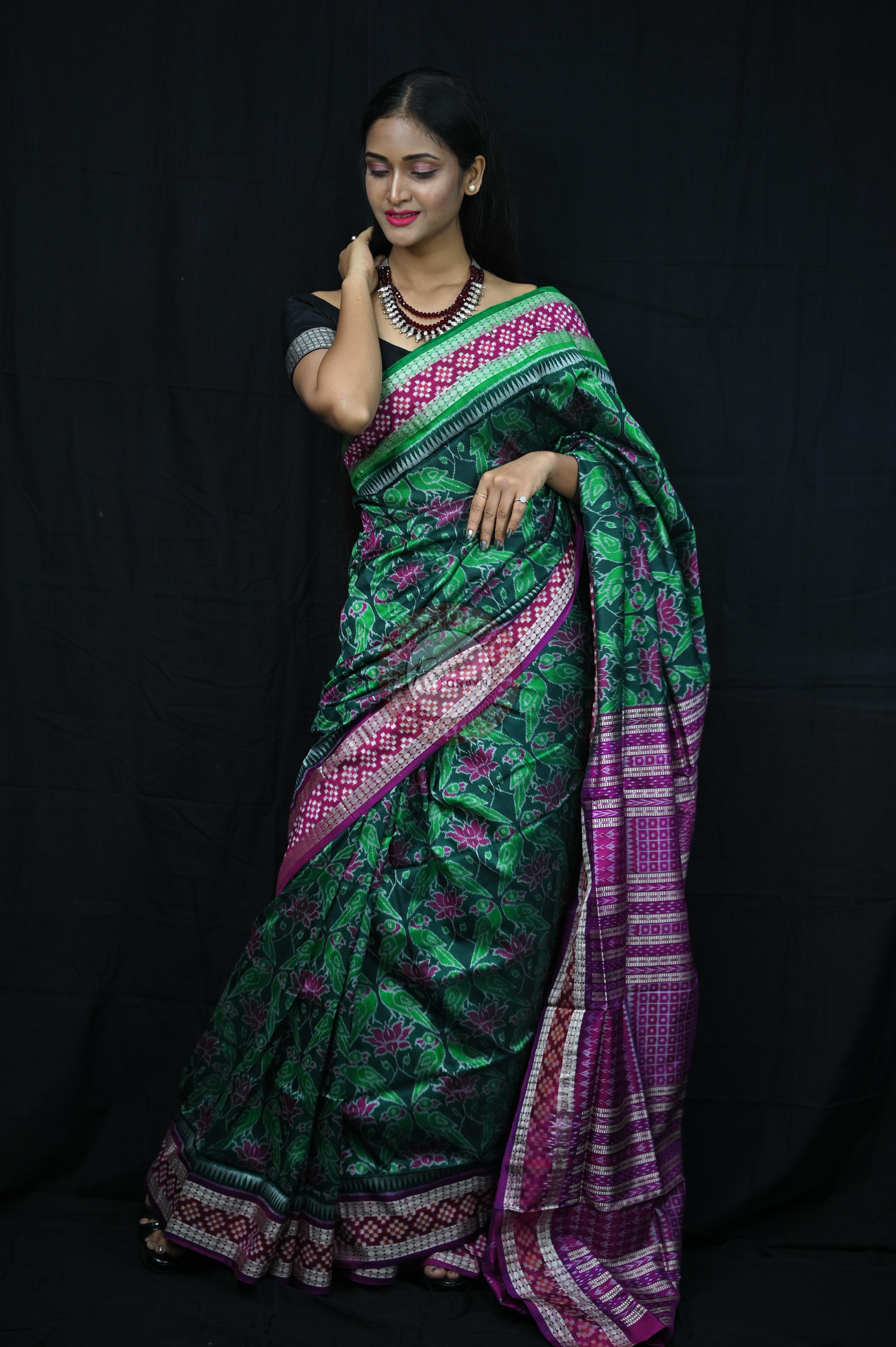 Green Magenta Lotus & Parrot Special Sambalpuri Silk Saree