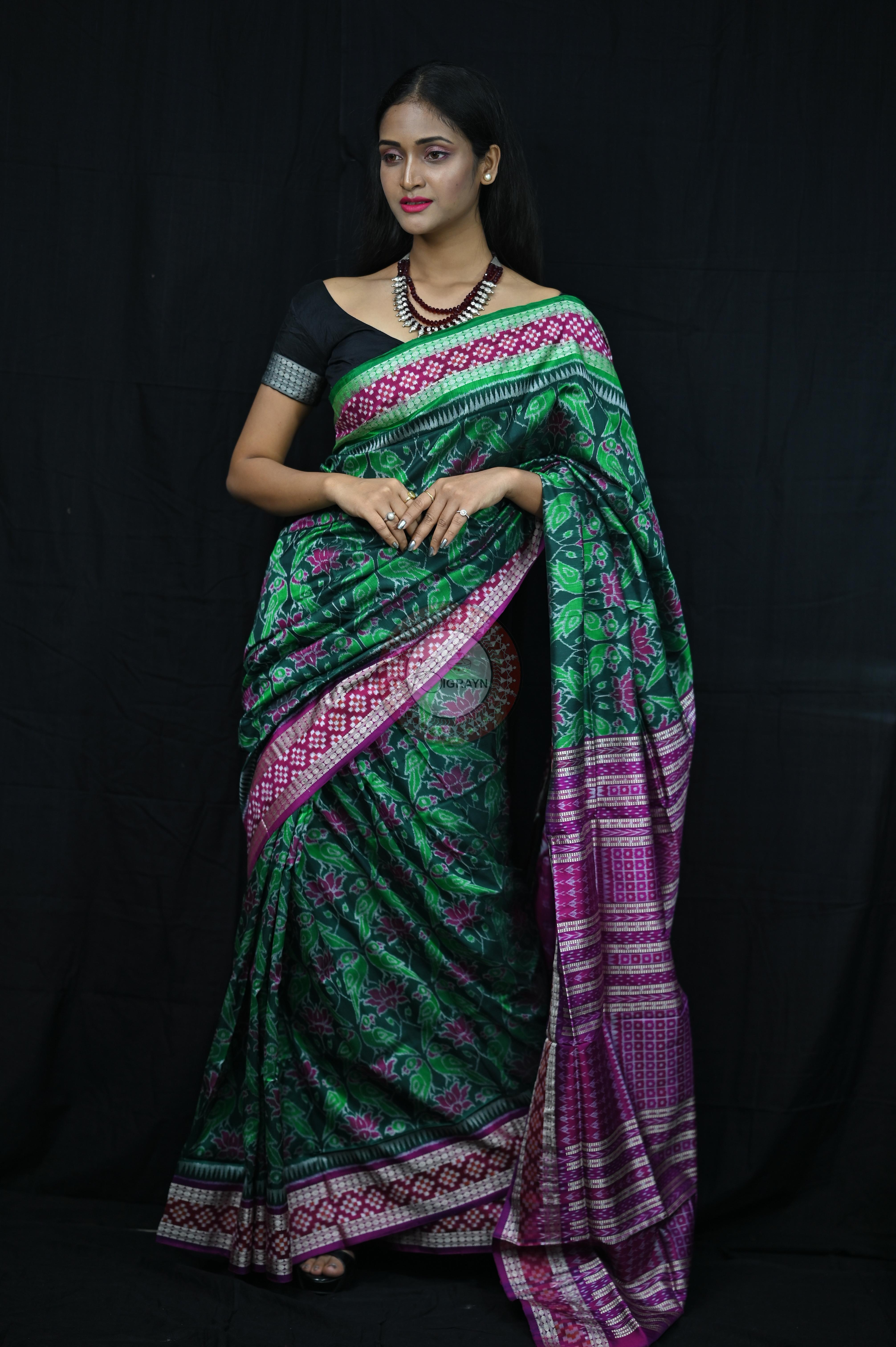 Green Magenta Lotus & Parrot Special Sambalpuri Silk Saree