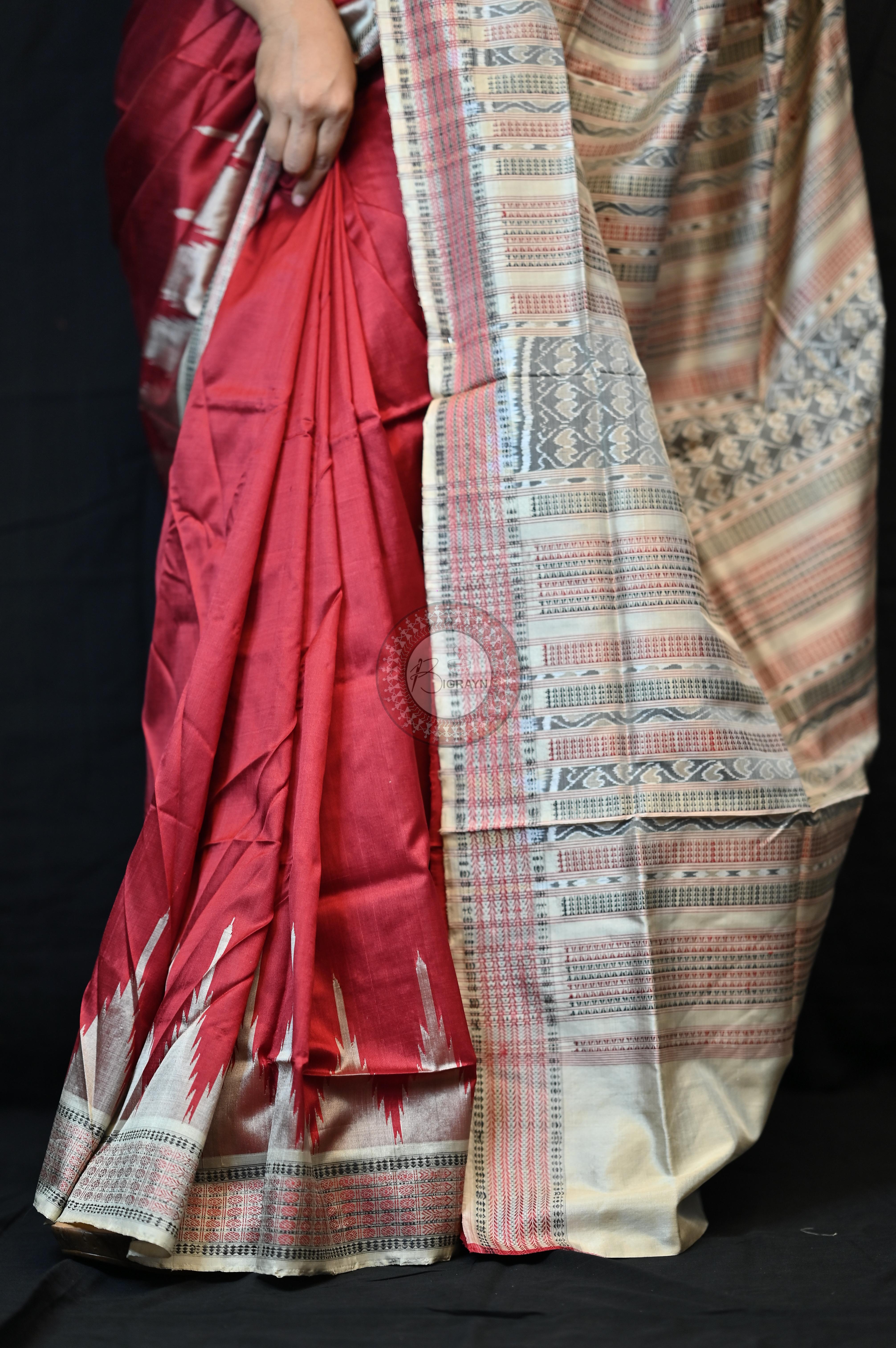 Maroon Cream Phoda Kumbha Sambalpuri Silk Saree