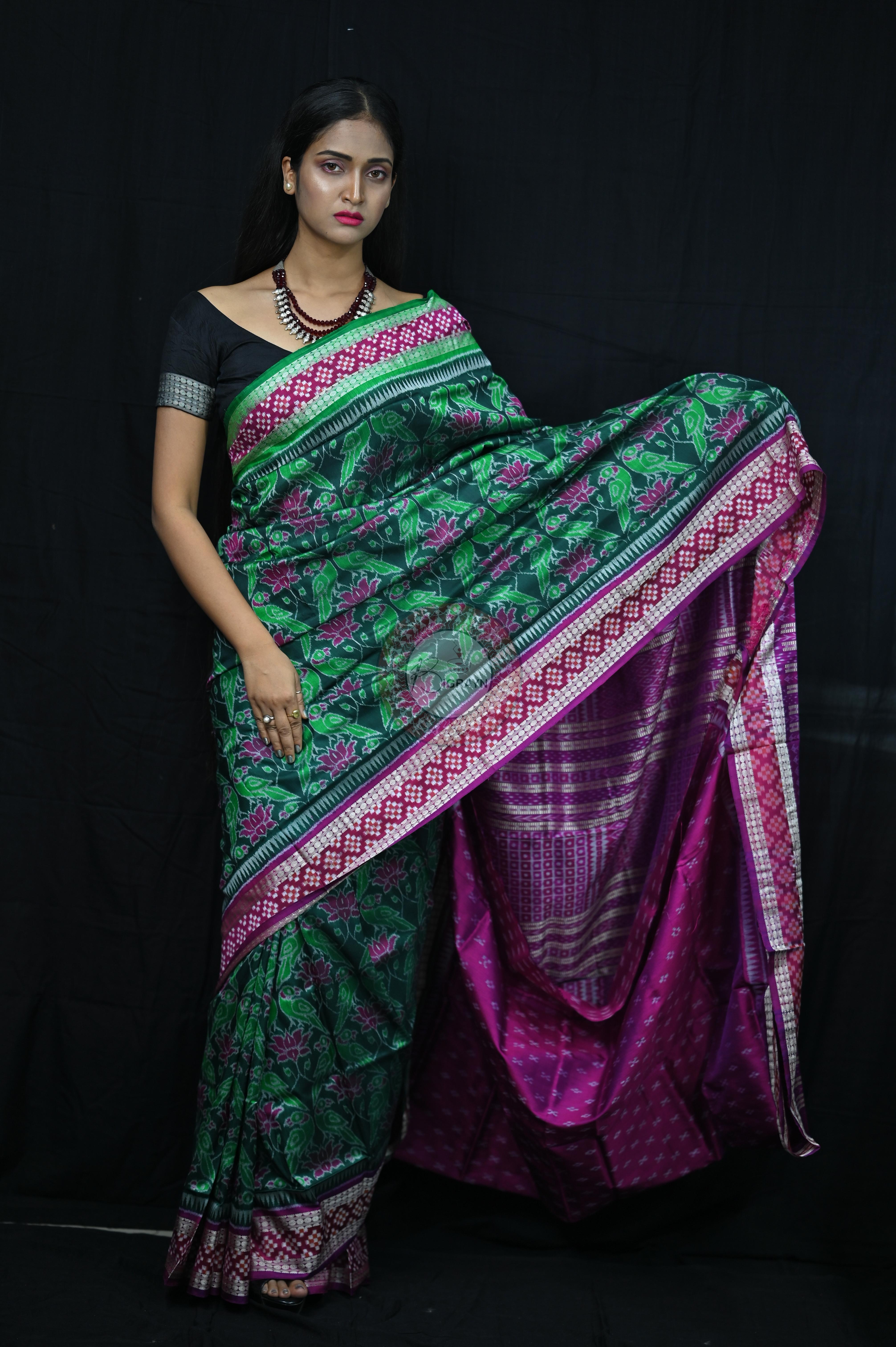 Green Magenta Lotus & Parrot Special Sambalpuri Silk Saree