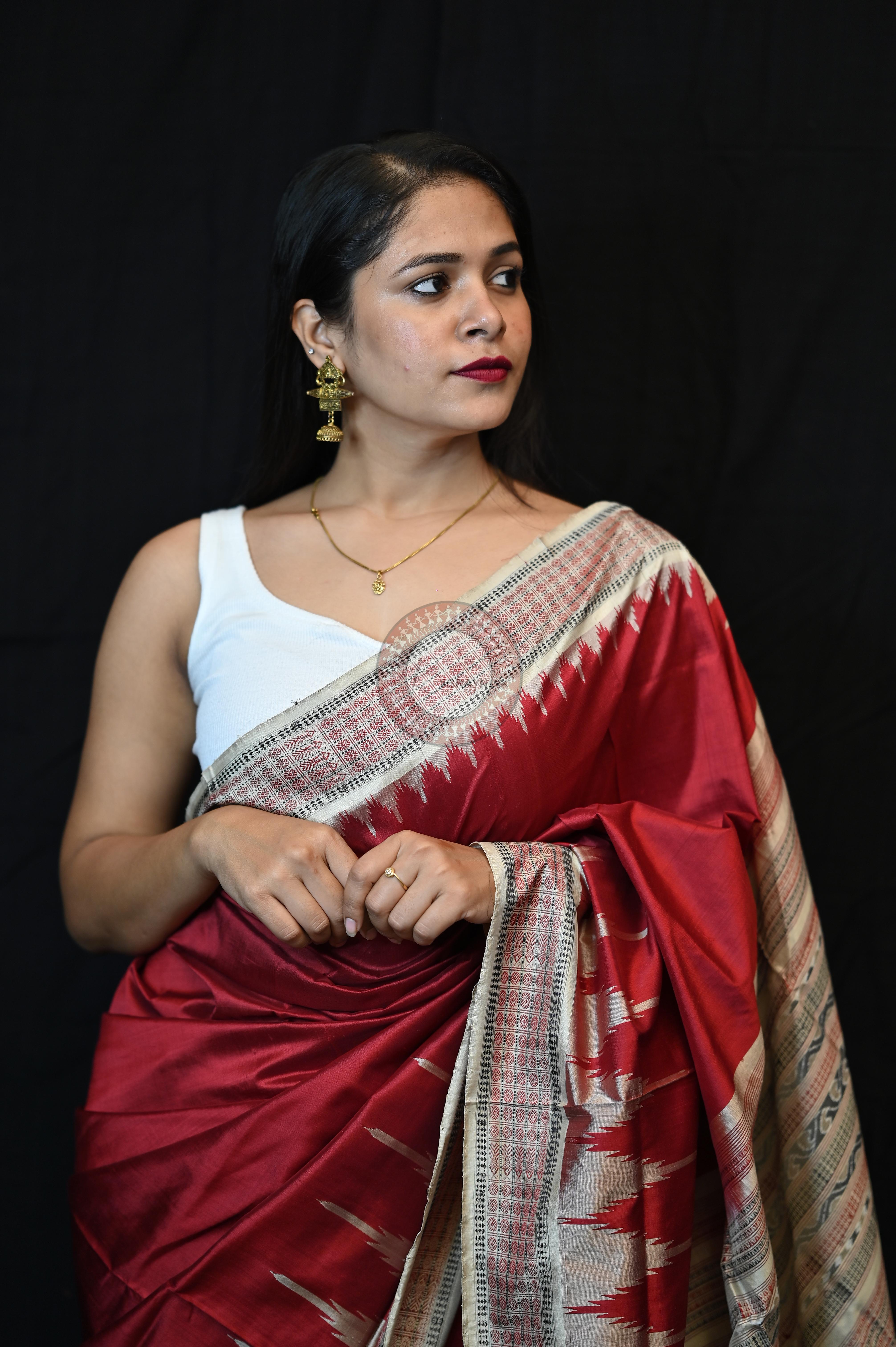 Maroon Cream Phoda Kumbha Sambalpuri Silk Saree