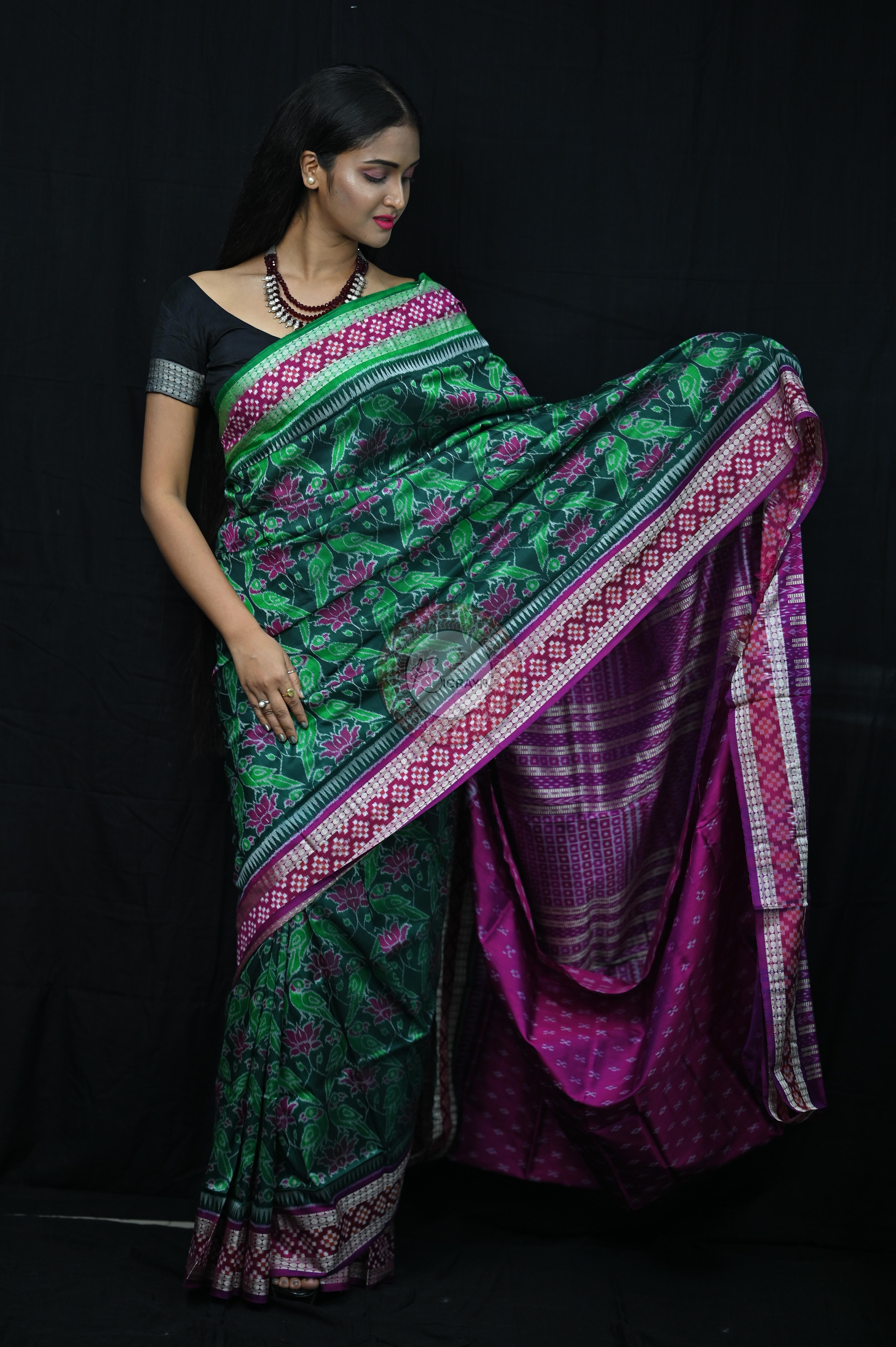 Green Magenta Lotus & Parrot Special Sambalpuri Silk Saree