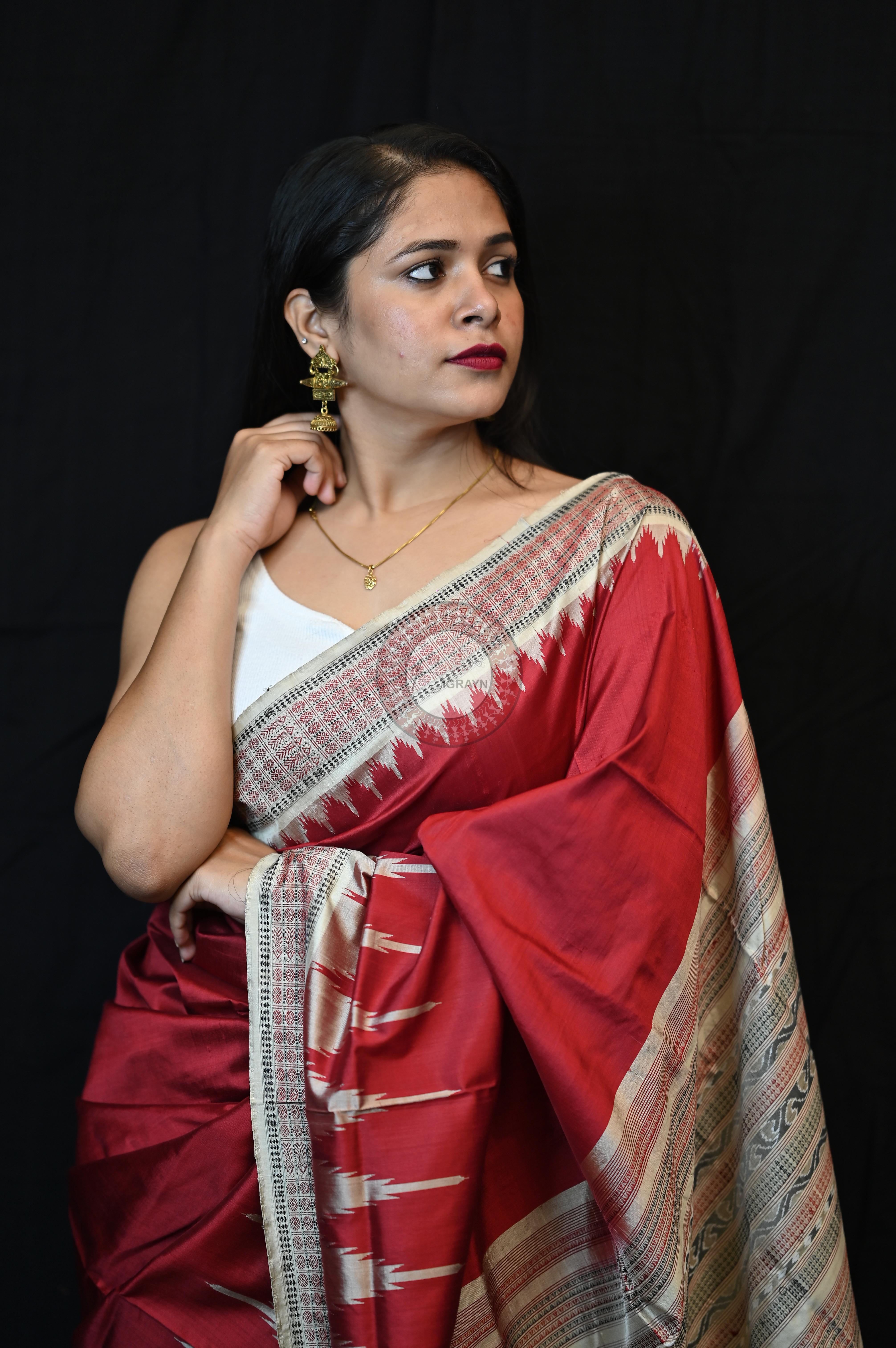 Maroon Cream Phoda Kumbha Sambalpuri Silk Saree