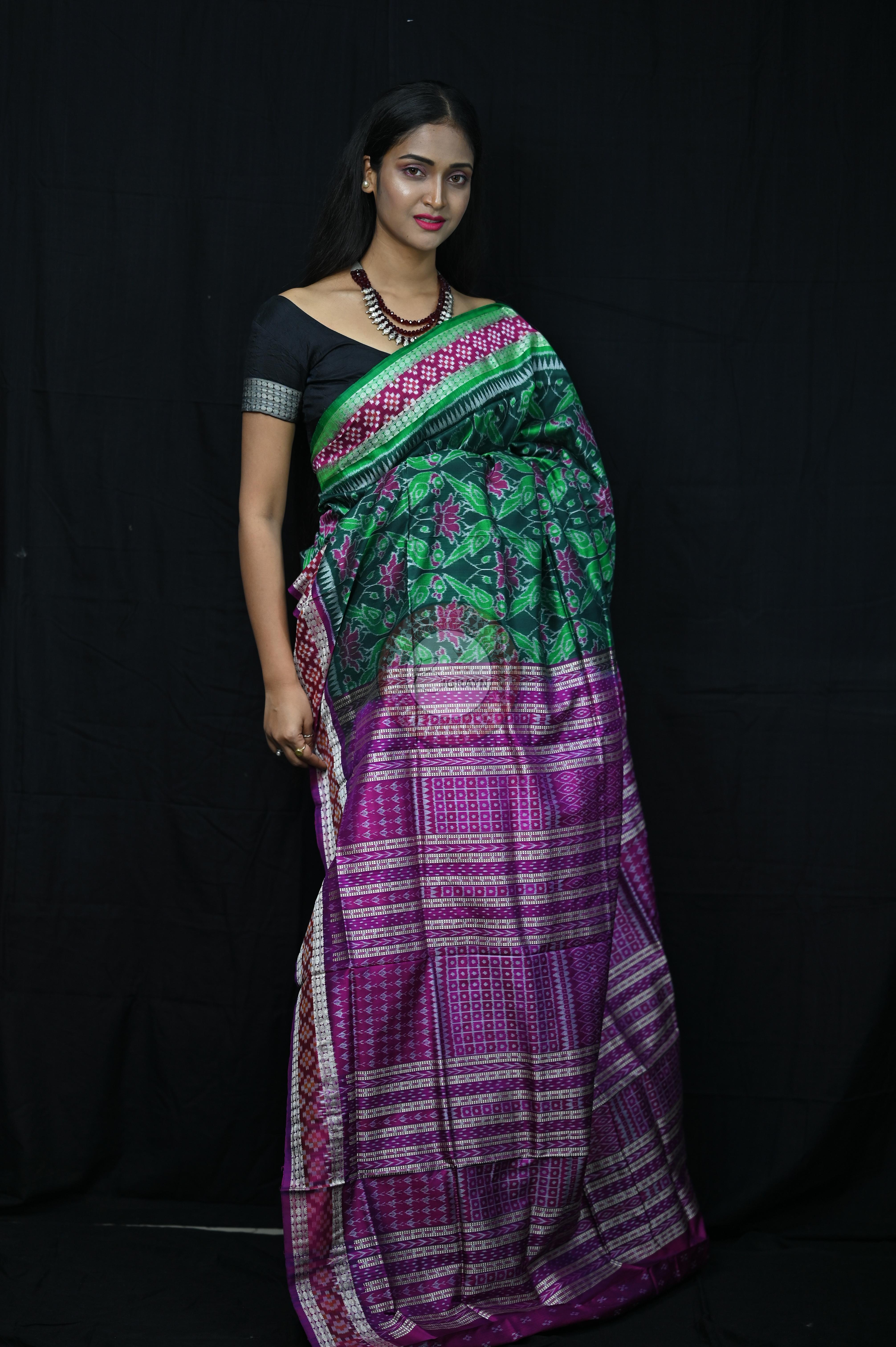 Green Magenta Lotus & Parrot Special Sambalpuri Silk Saree