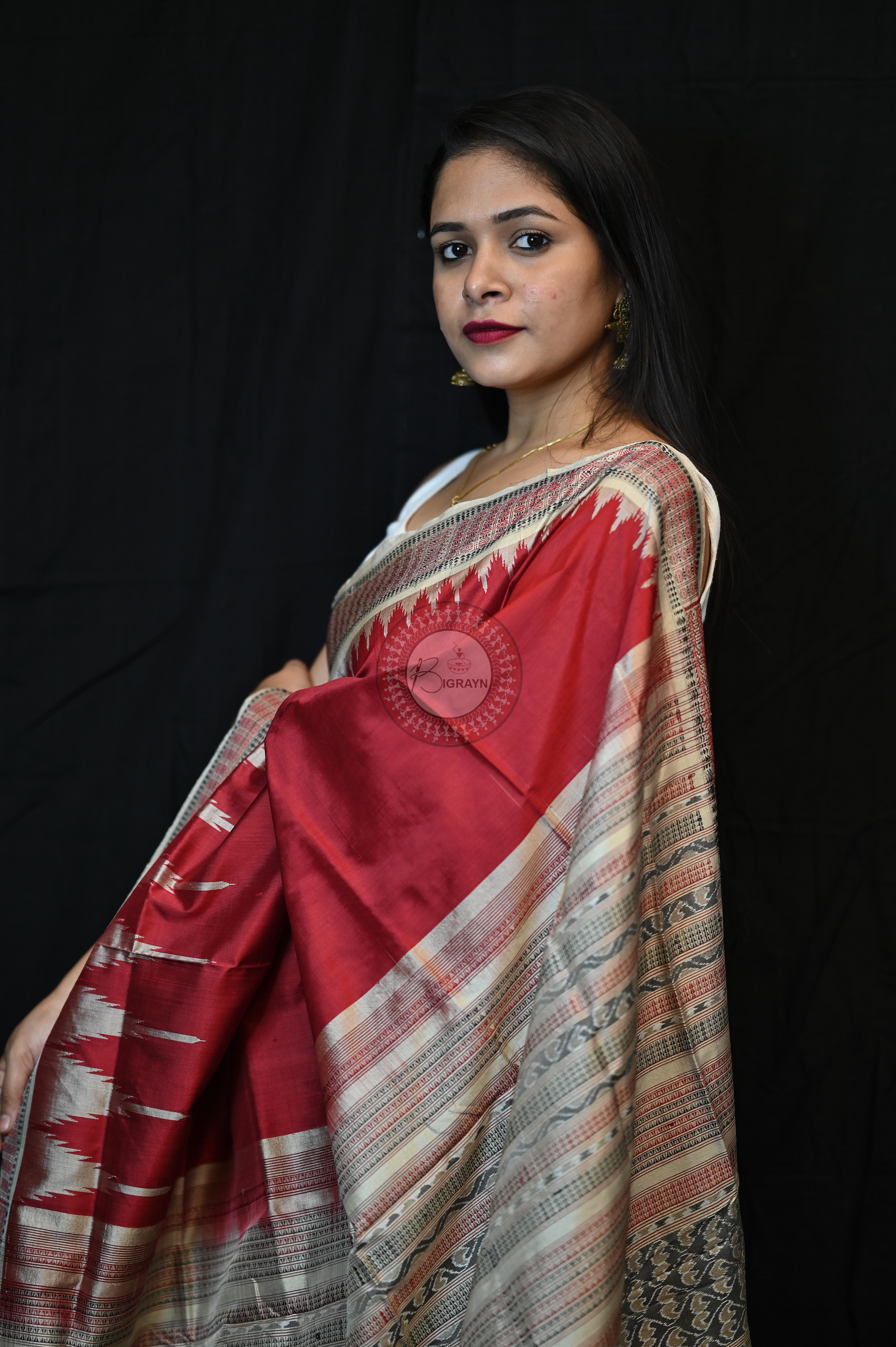 Maroon Cream Phoda Kumbha Sambalpuri Silk Saree