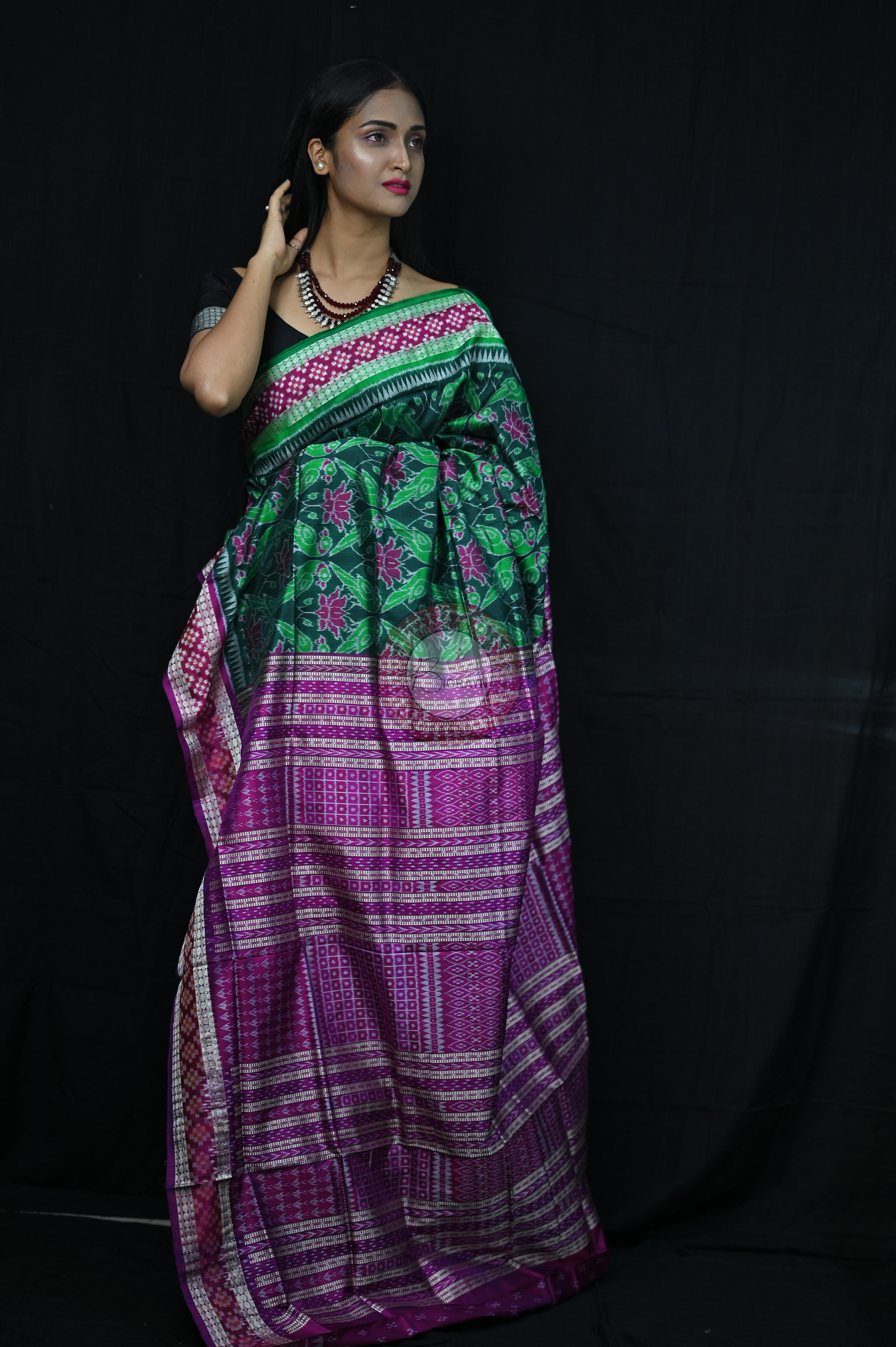 Green Magenta Lotus & Parrot Special Sambalpuri Silk Saree