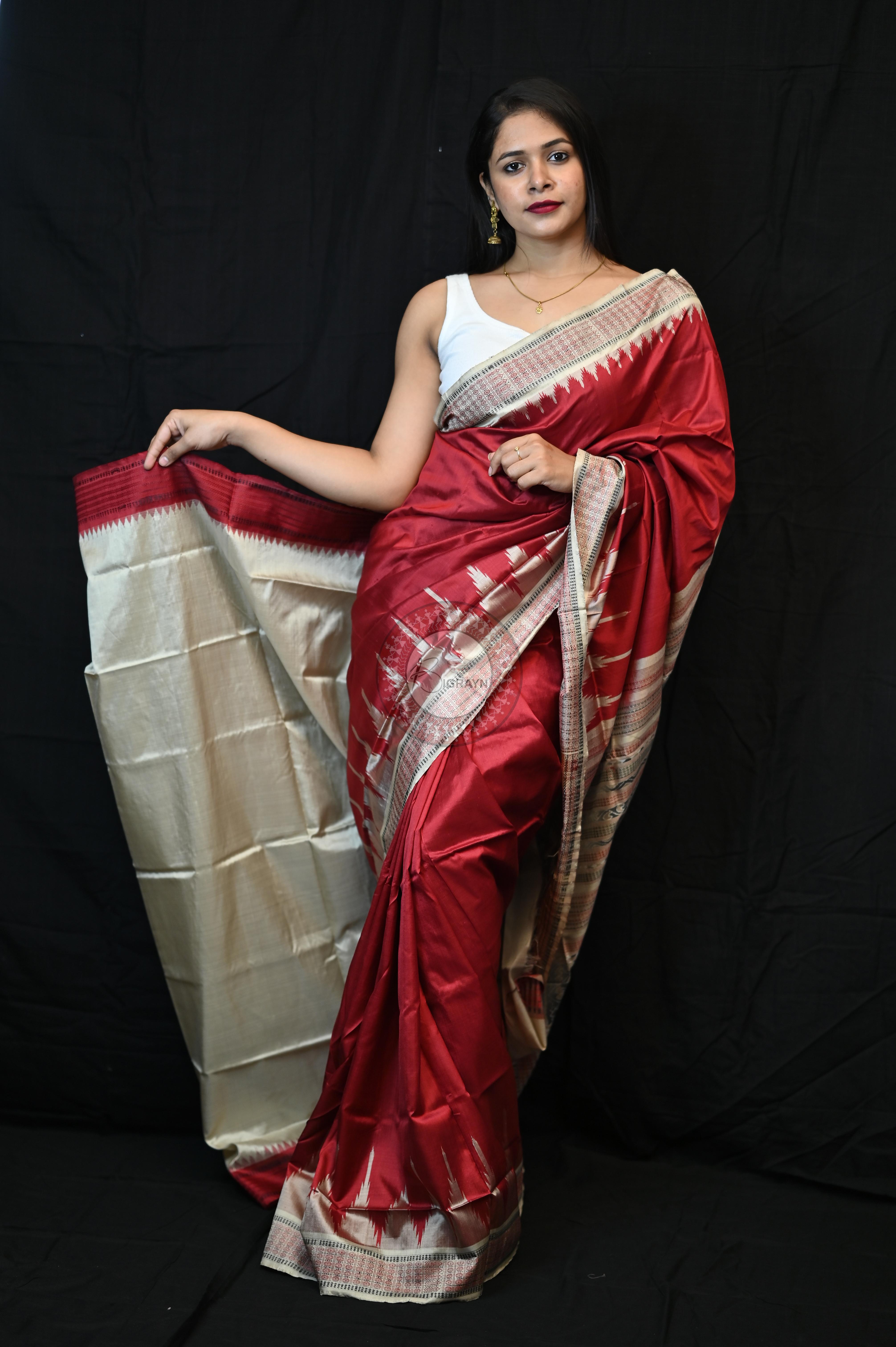 Maroon Cream Phoda Kumbha Sambalpuri Silk Saree