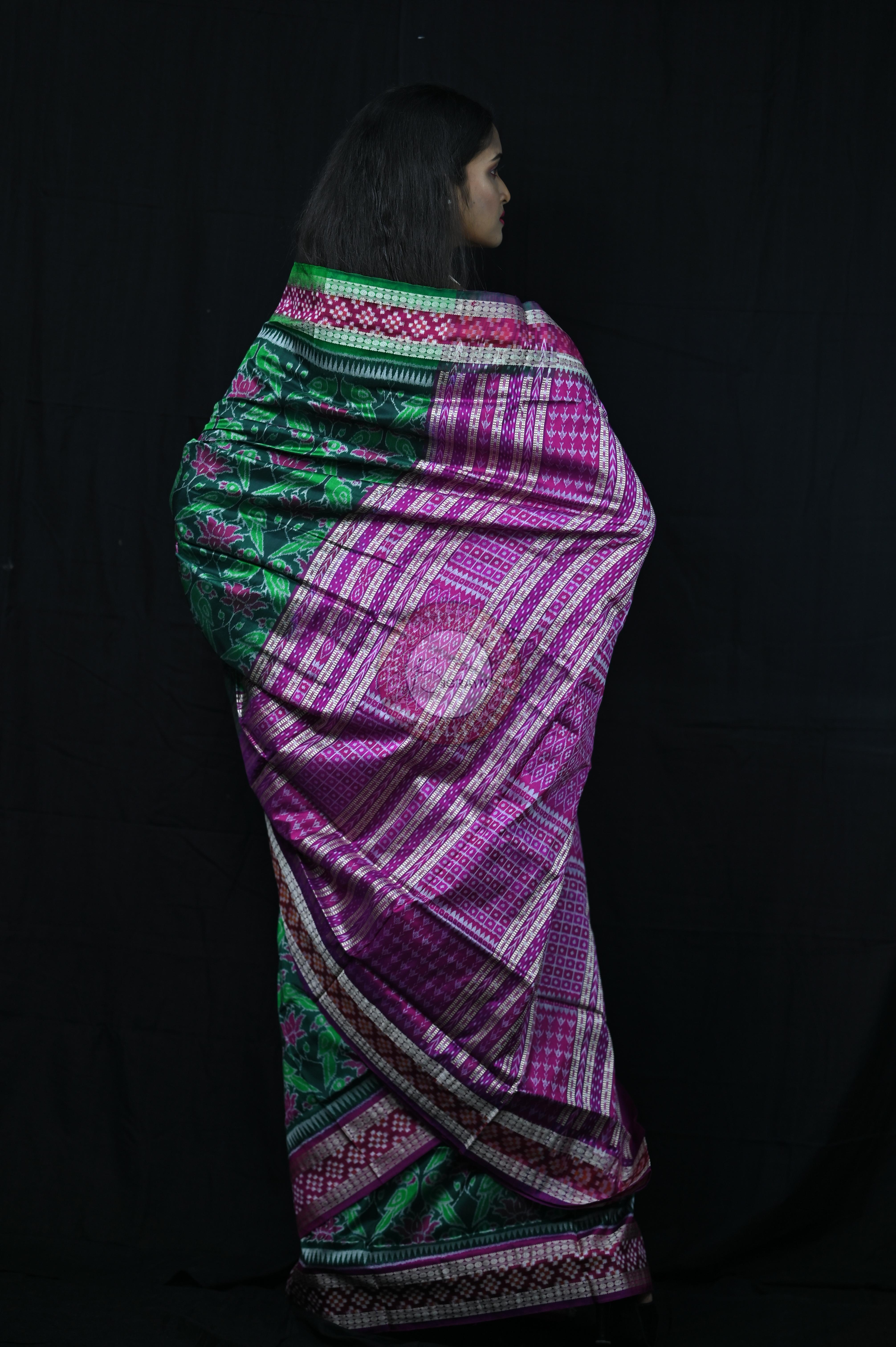 Green Magenta Lotus & Parrot Special Sambalpuri Silk Saree
