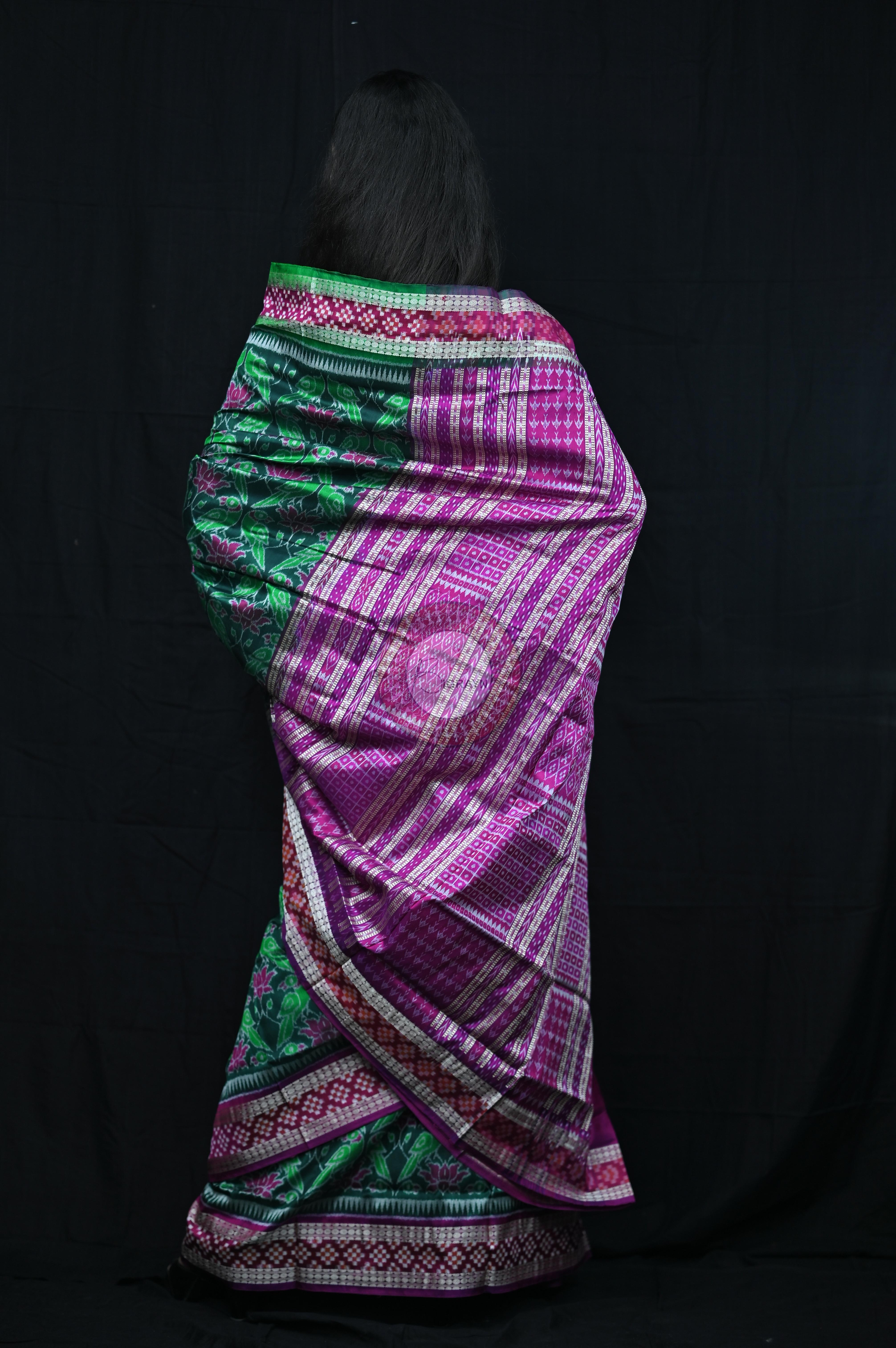 Green Magenta Lotus & Parrot Special Sambalpuri Silk Saree
