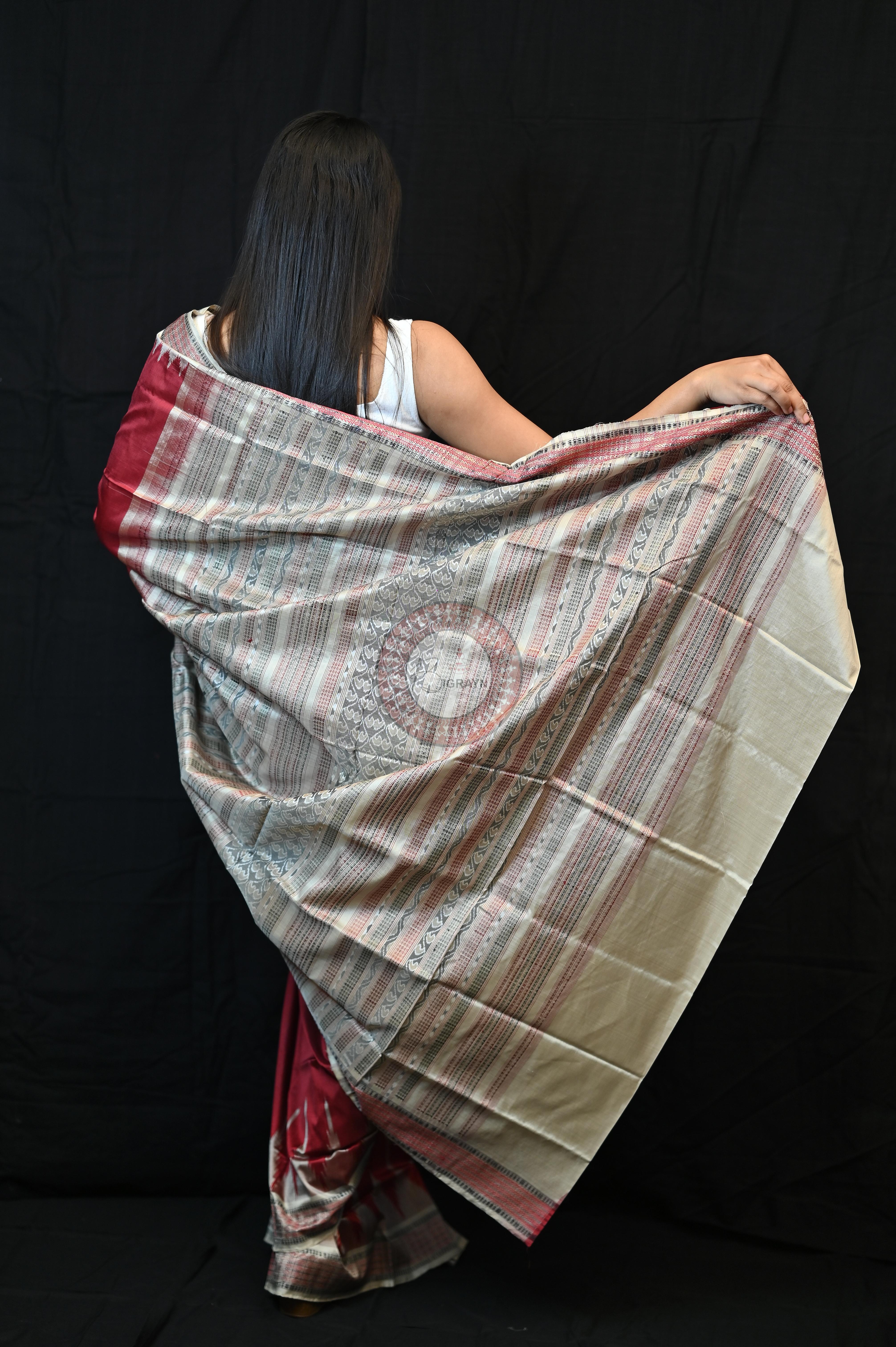 Maroon Cream Phoda Kumbha Sambalpuri Silk Saree
