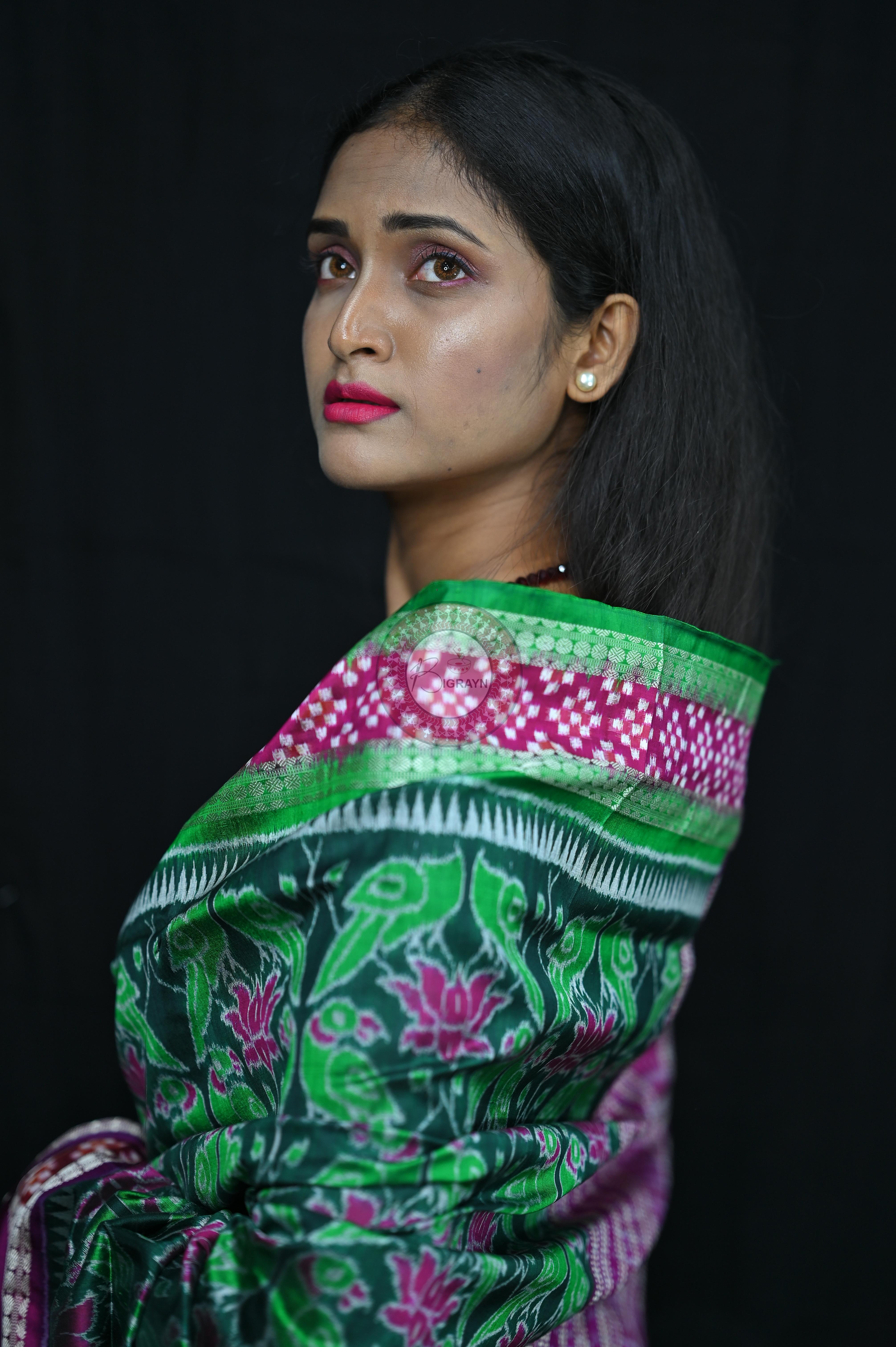 Green Magenta Lotus & Parrot Special Sambalpuri Silk Saree