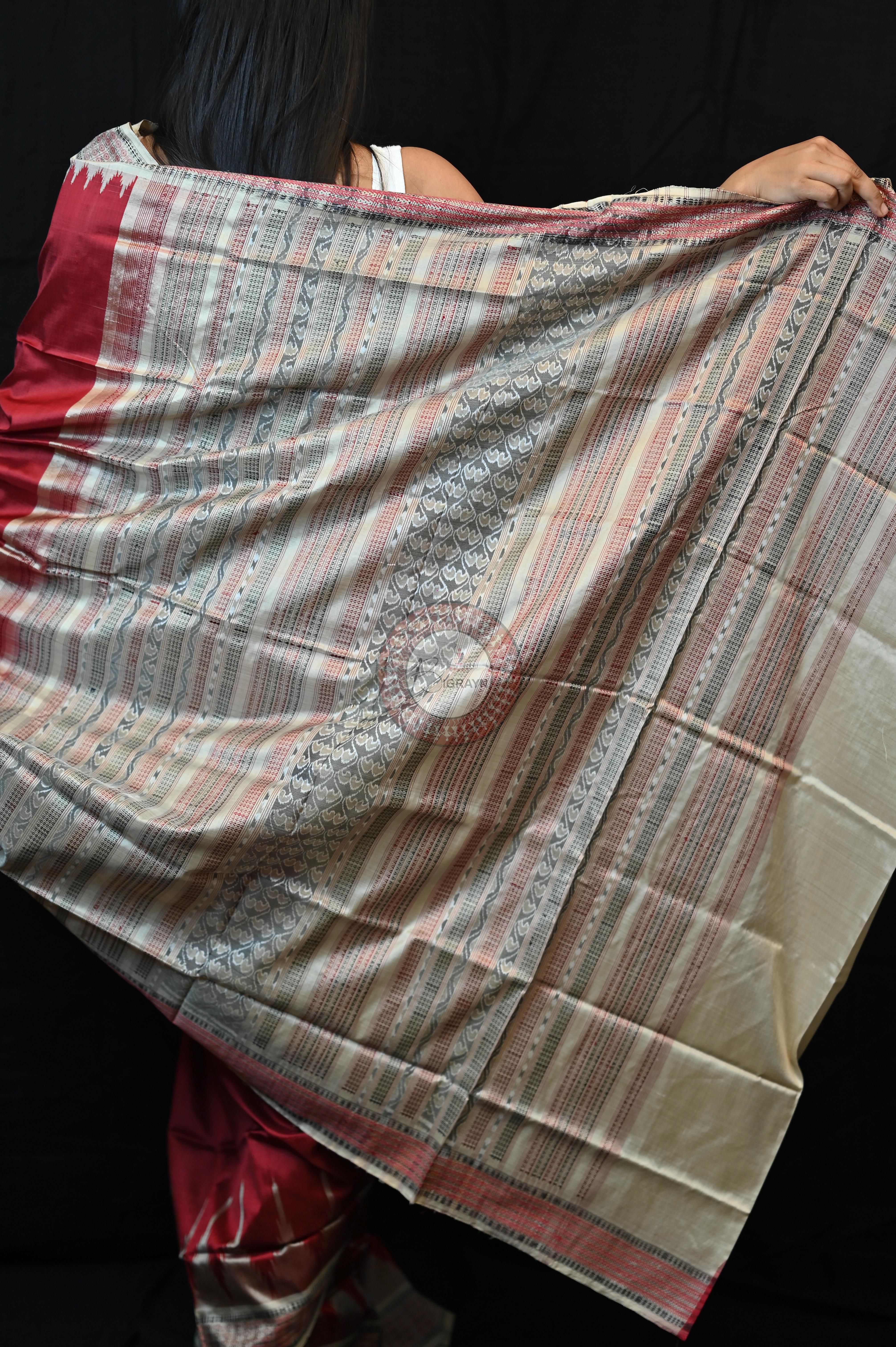 Maroon Cream Phoda Kumbha Sambalpuri Silk Saree