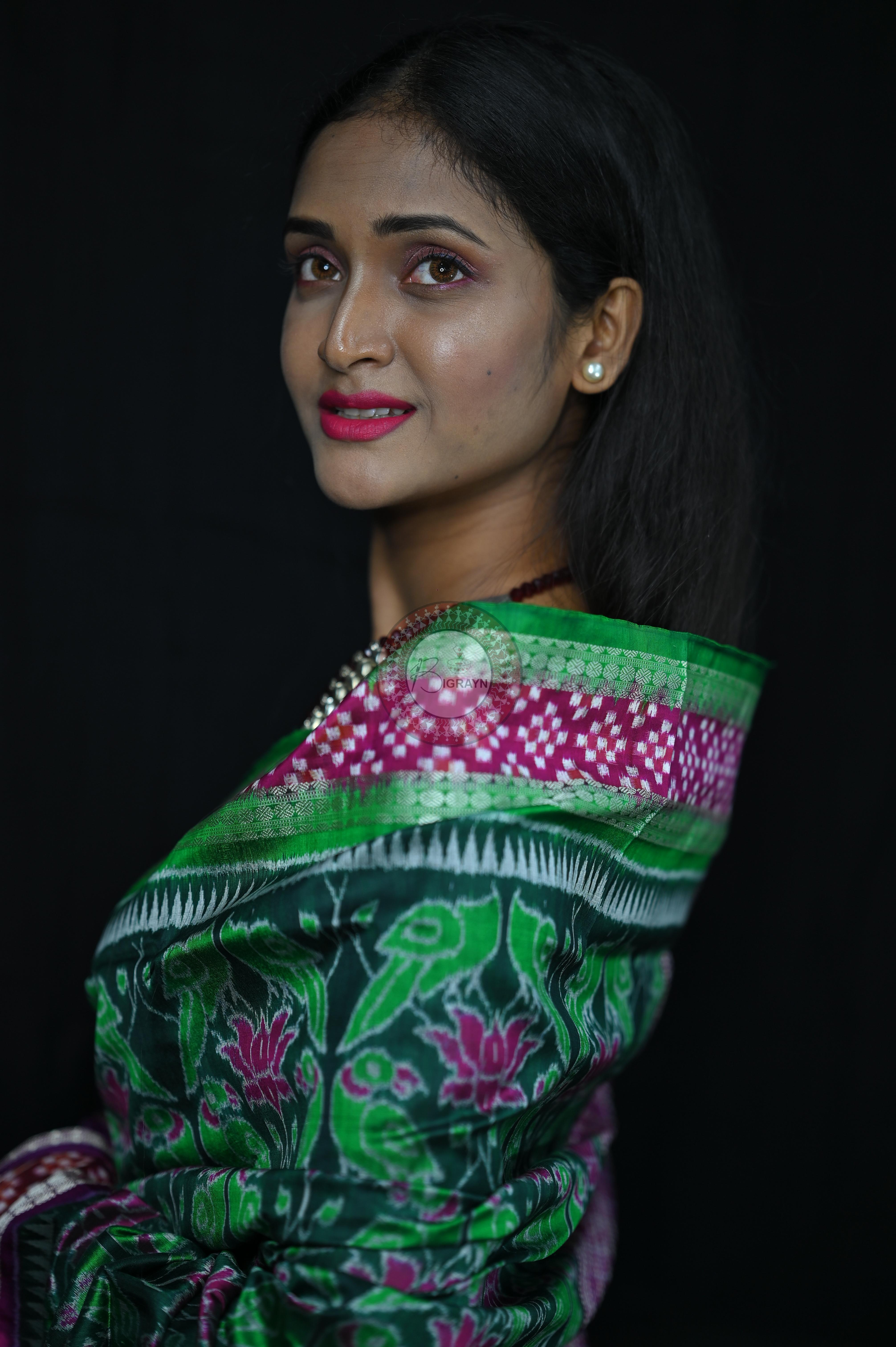 Green Magenta Lotus & Parrot Special Sambalpuri Silk Saree