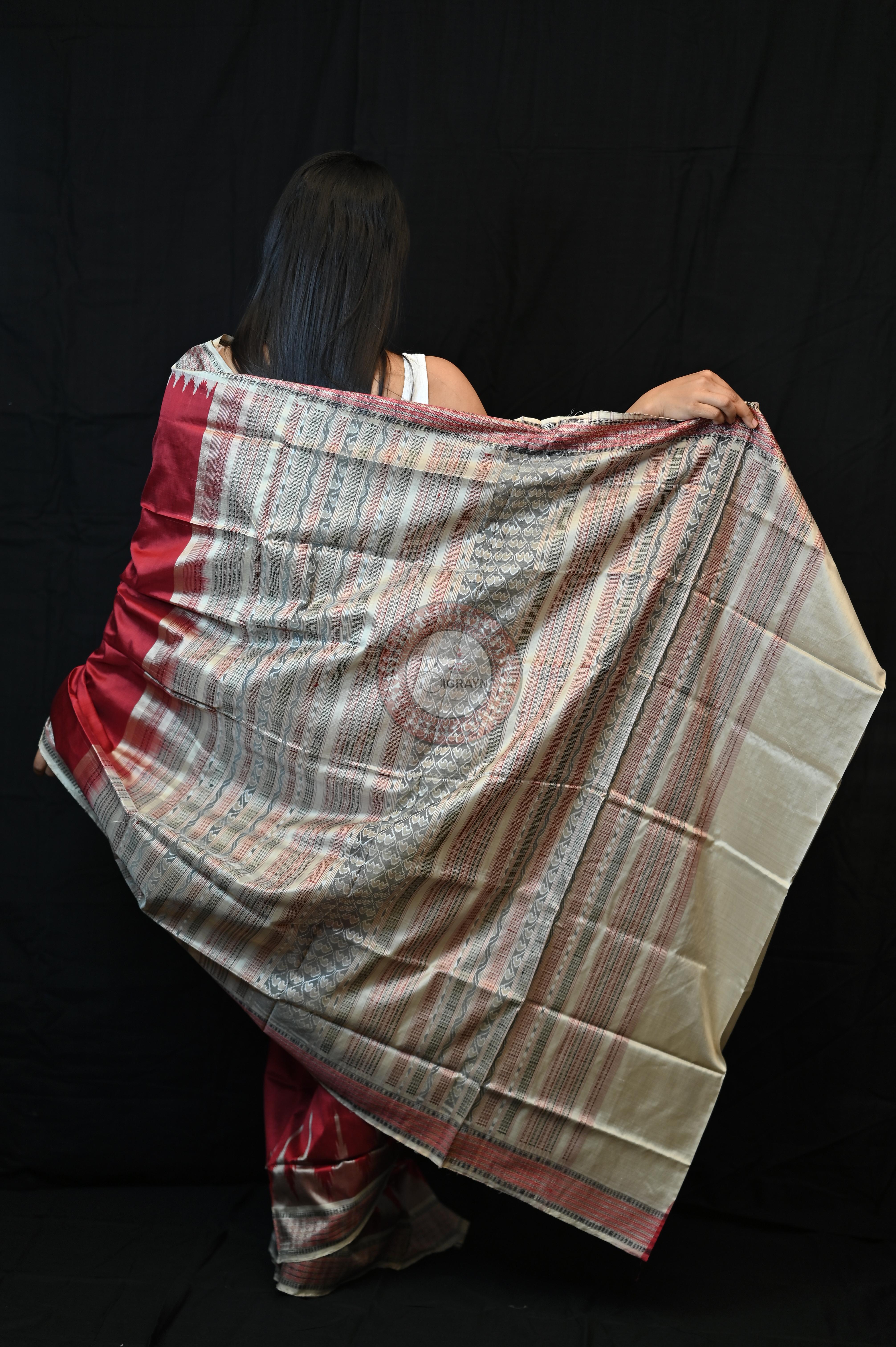 Maroon Cream Phoda Kumbha Sambalpuri Silk Saree