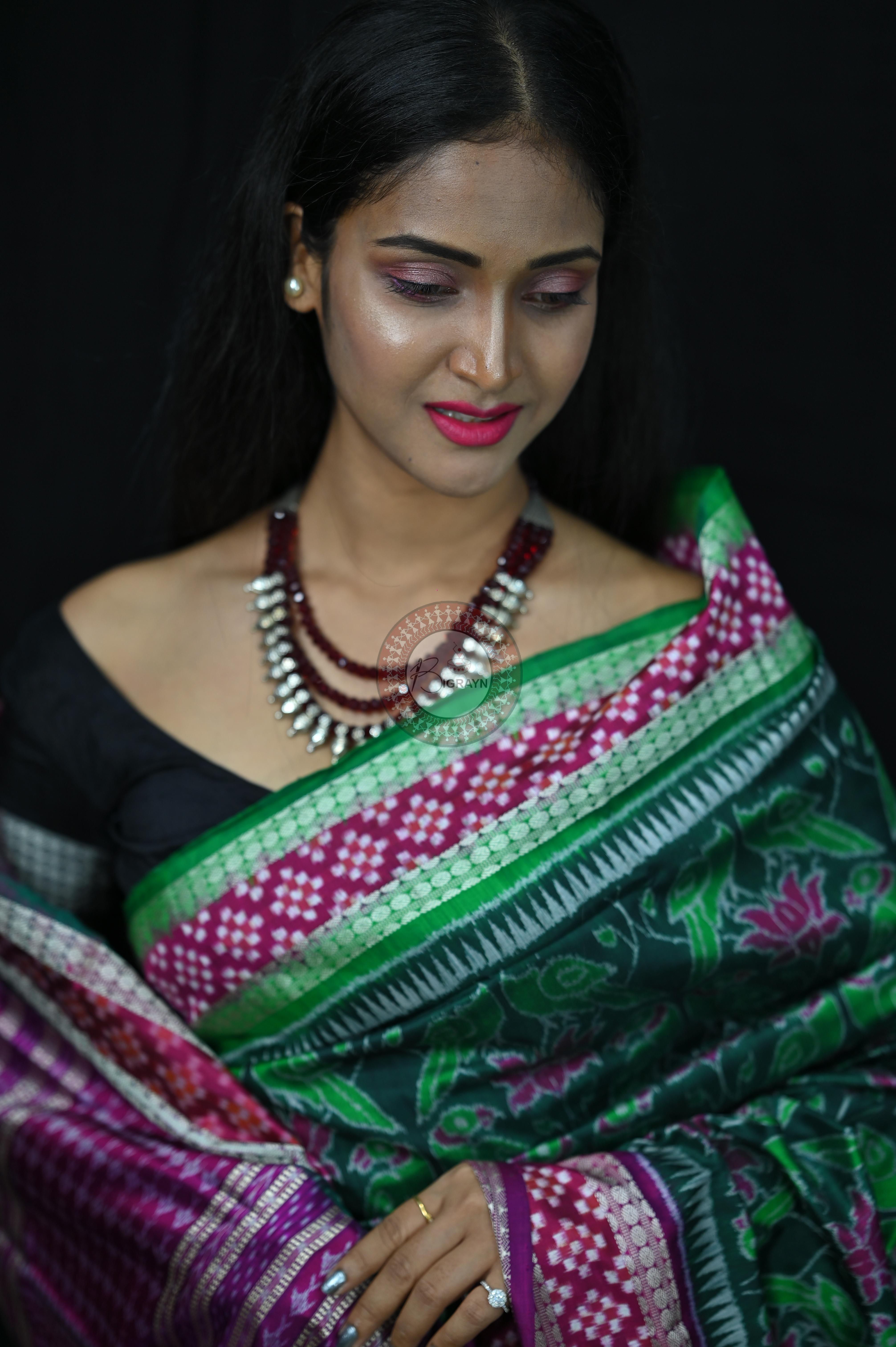 Green Magenta Lotus & Parrot Special Sambalpuri Silk Saree