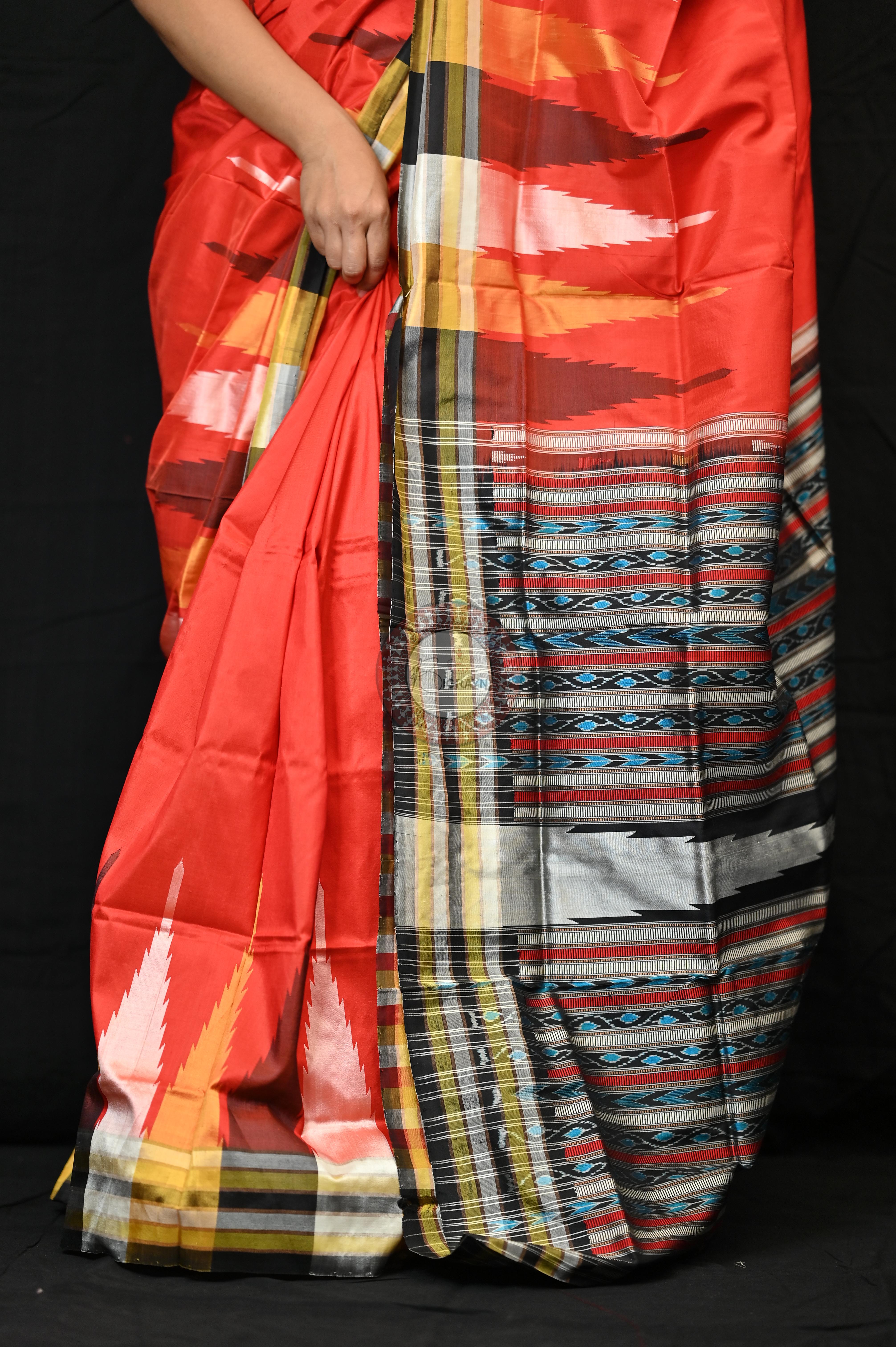 Orange Black Phoda Kumbha Sambalpuri Silk Saree