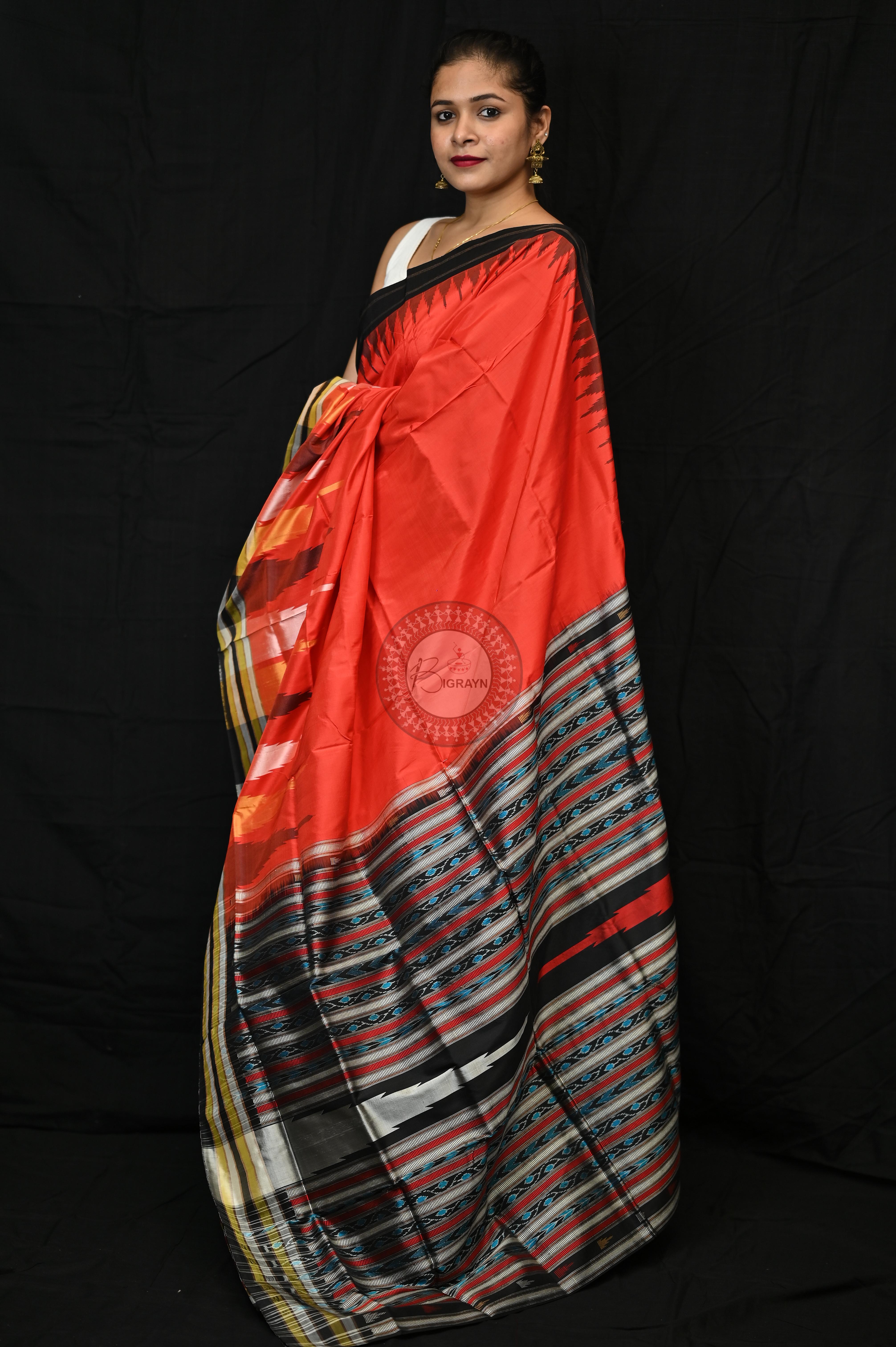 Orange Black Phoda Kumbha Sambalpuri Silk Saree
