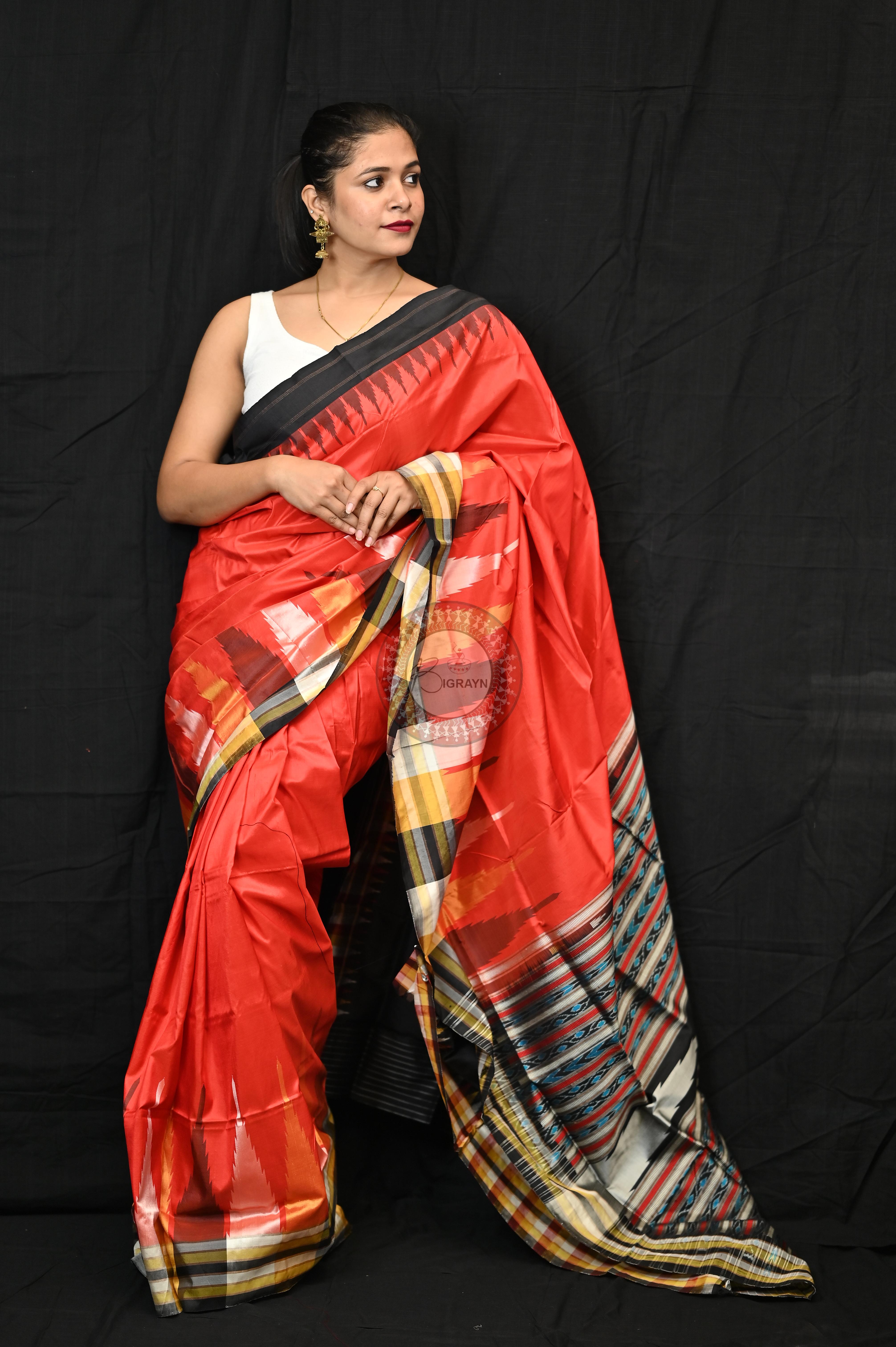 Orange Black Phoda Kumbha Sambalpuri Silk Saree