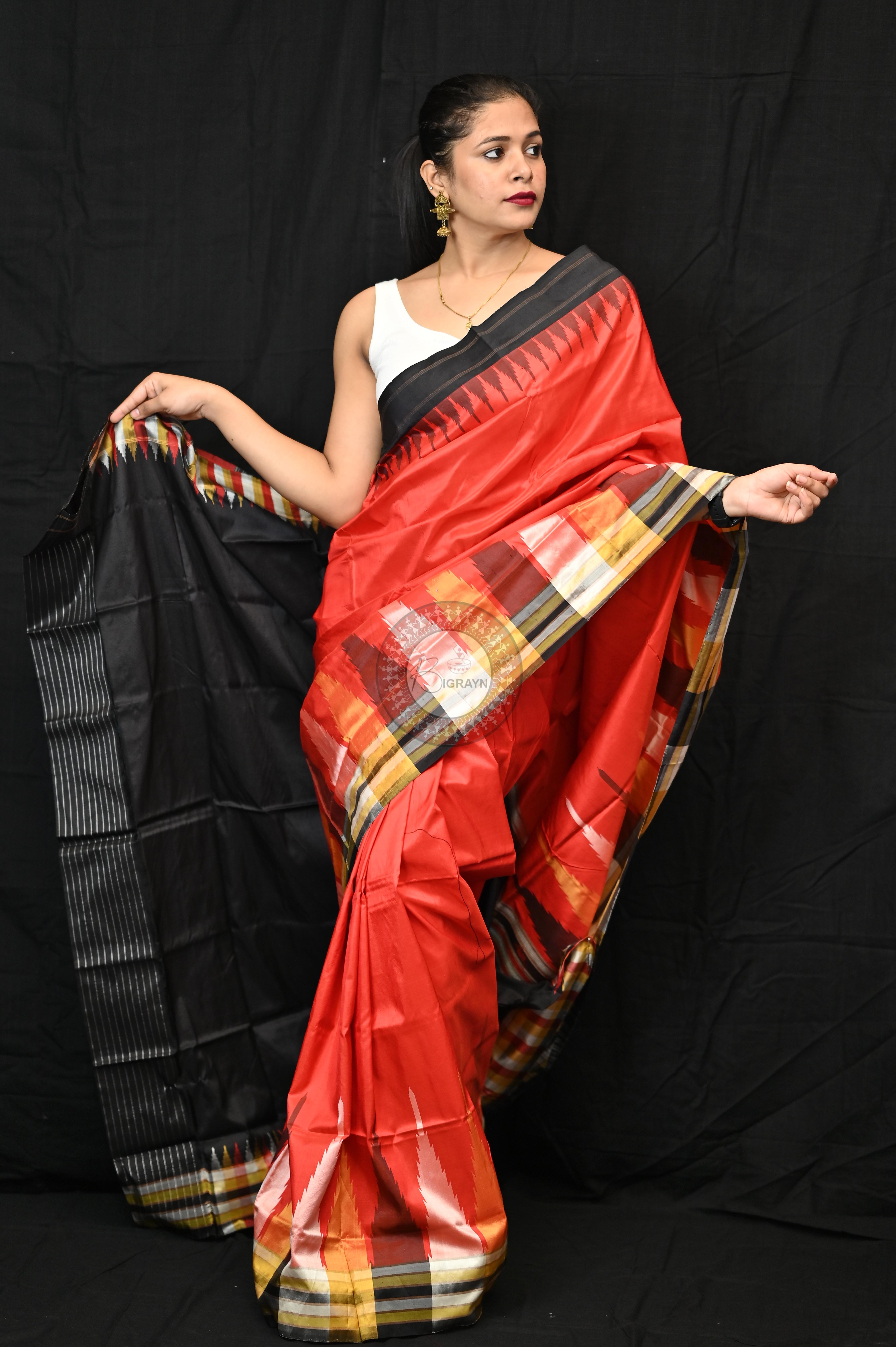 Orange Black Phoda Kumbha Sambalpuri Silk Saree