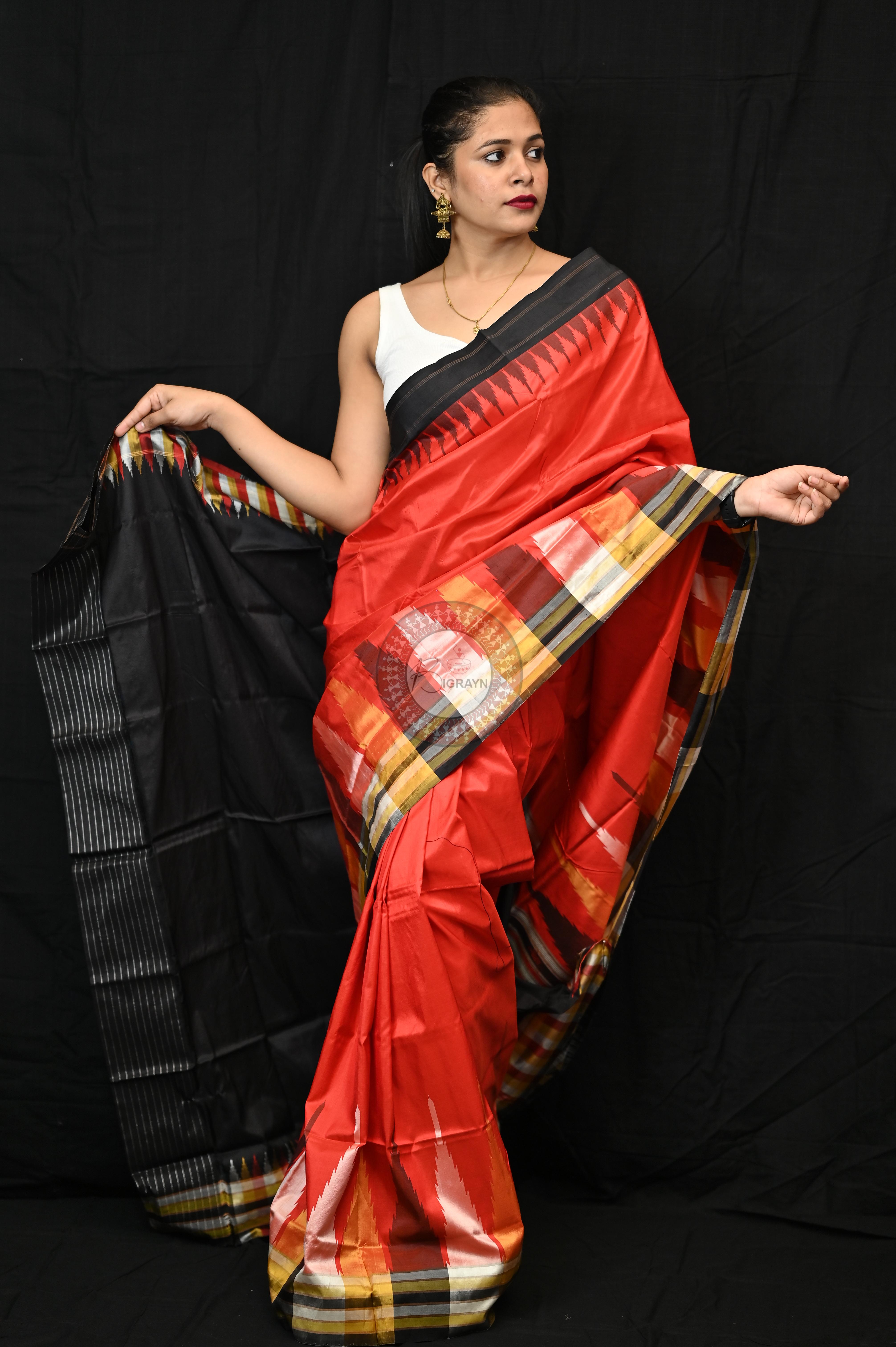 Orange Black Phoda Kumbha Sambalpuri Silk Saree