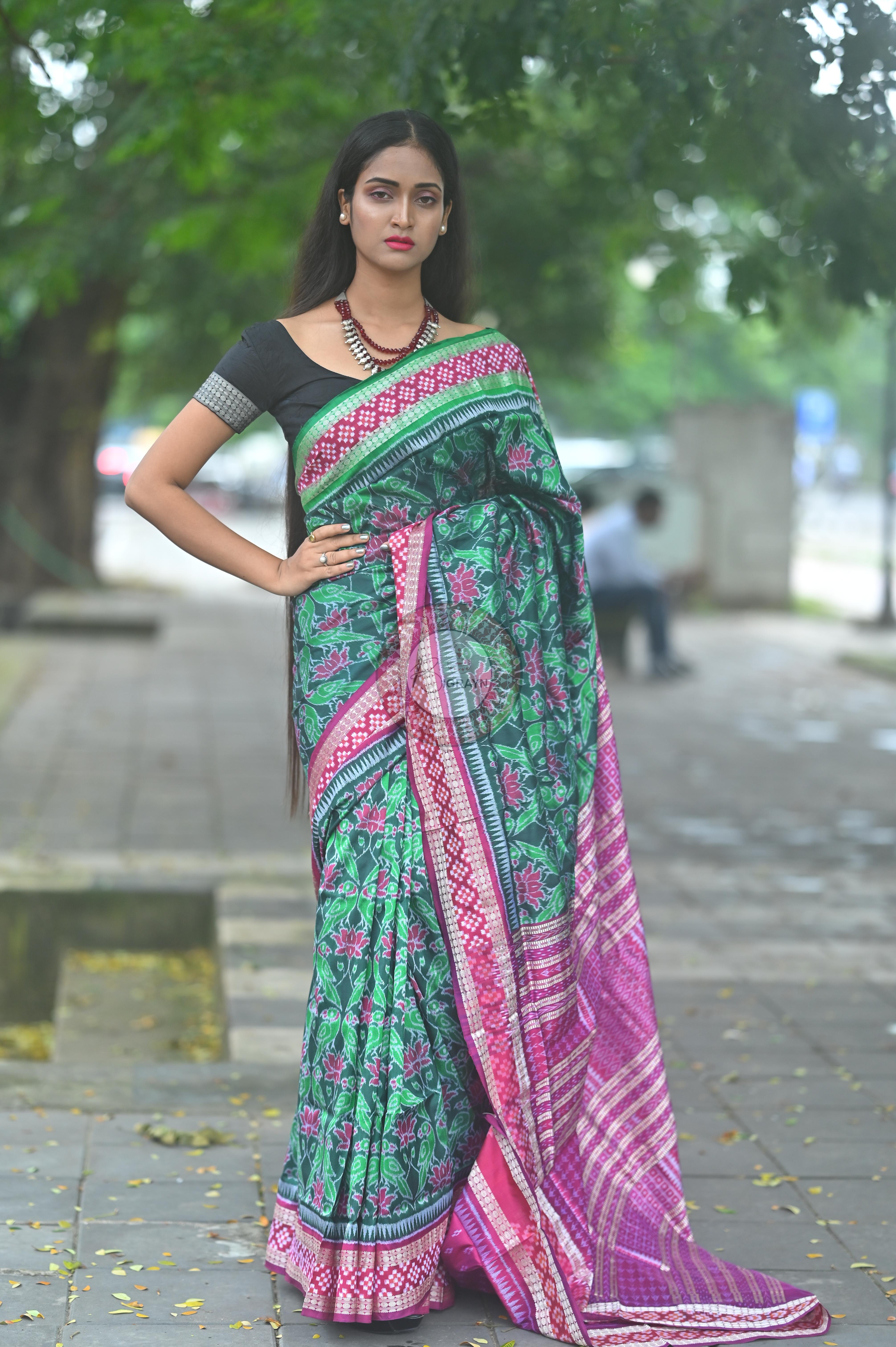 Green Magenta Lotus & Parrot Special Sambalpuri Silk Saree