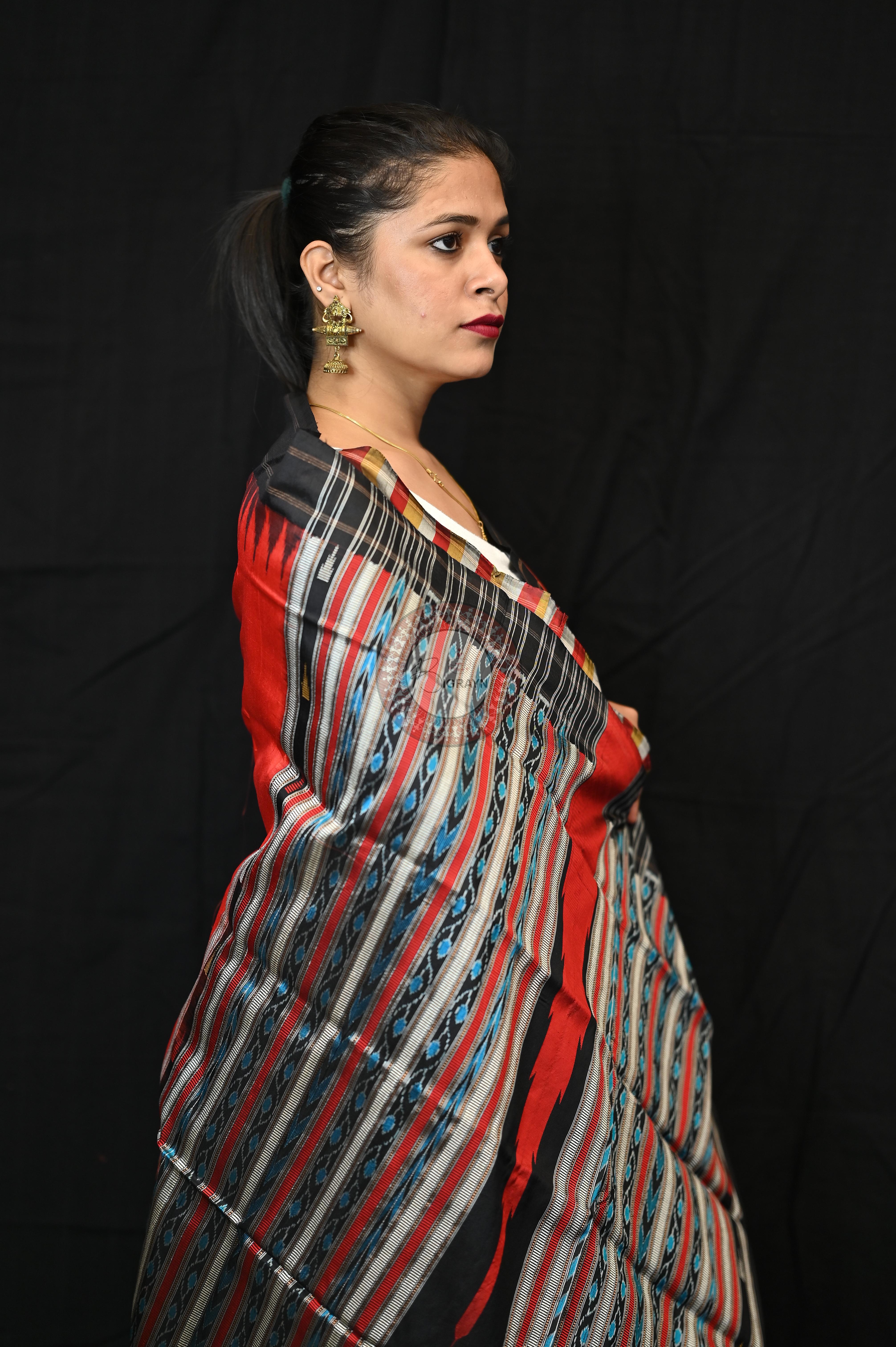 Orange Black Phoda Kumbha Sambalpuri Silk Saree