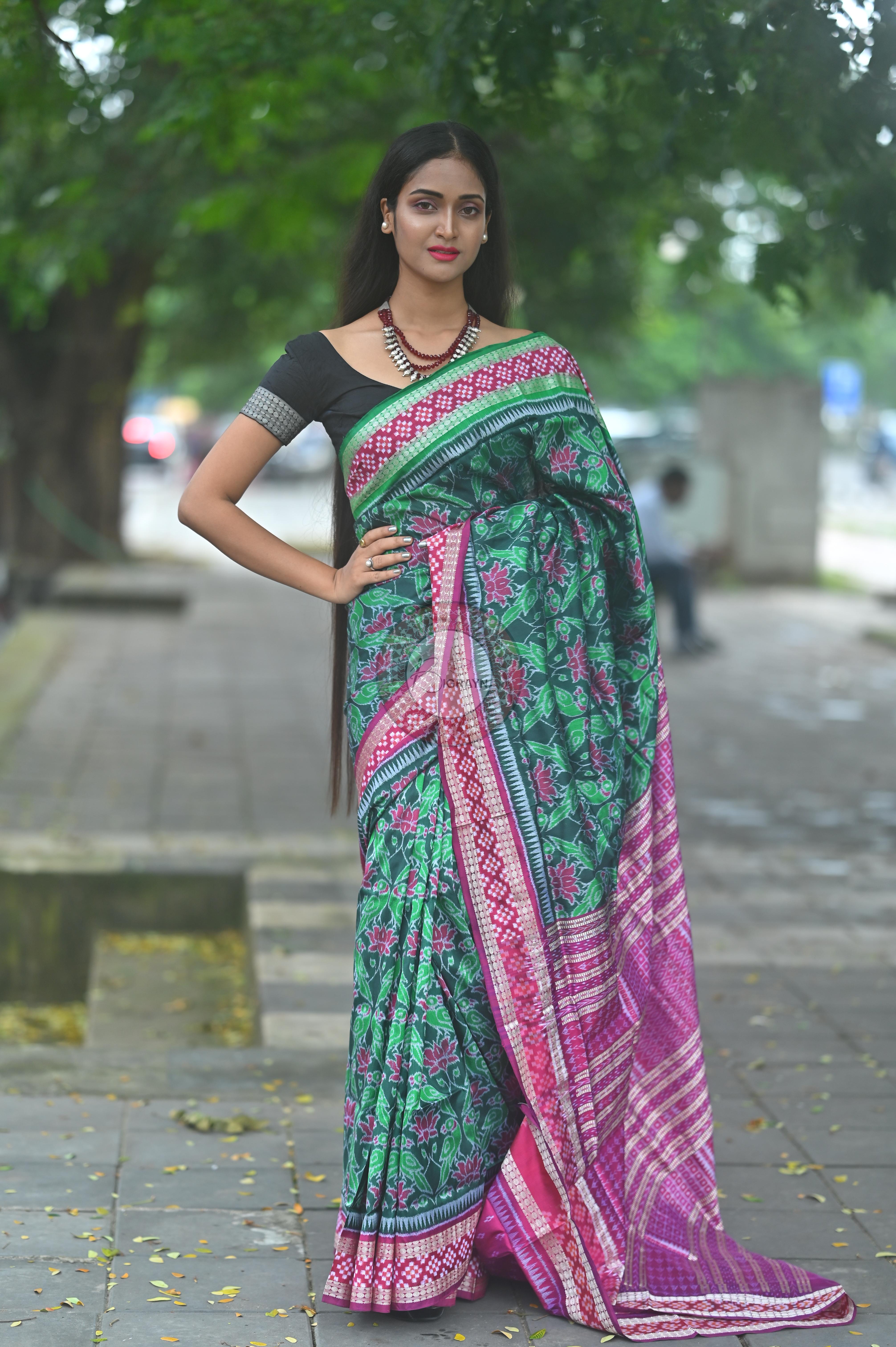 Green Magenta Lotus & Parrot Special Sambalpuri Silk Saree